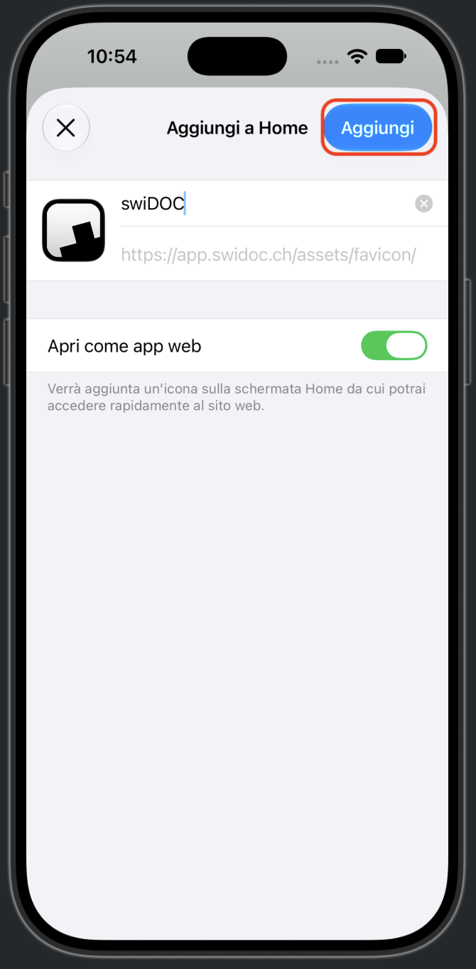 La finestra Aggiungi a Home con il nome swiDOC, Apri come app web attivo ed evidenziato Aggiungi
