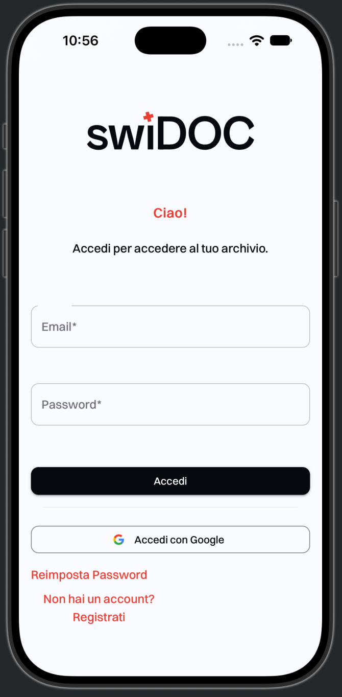 La pagina di accesso di swiDOC aperta dalla schermata Home, senza la barra del browser