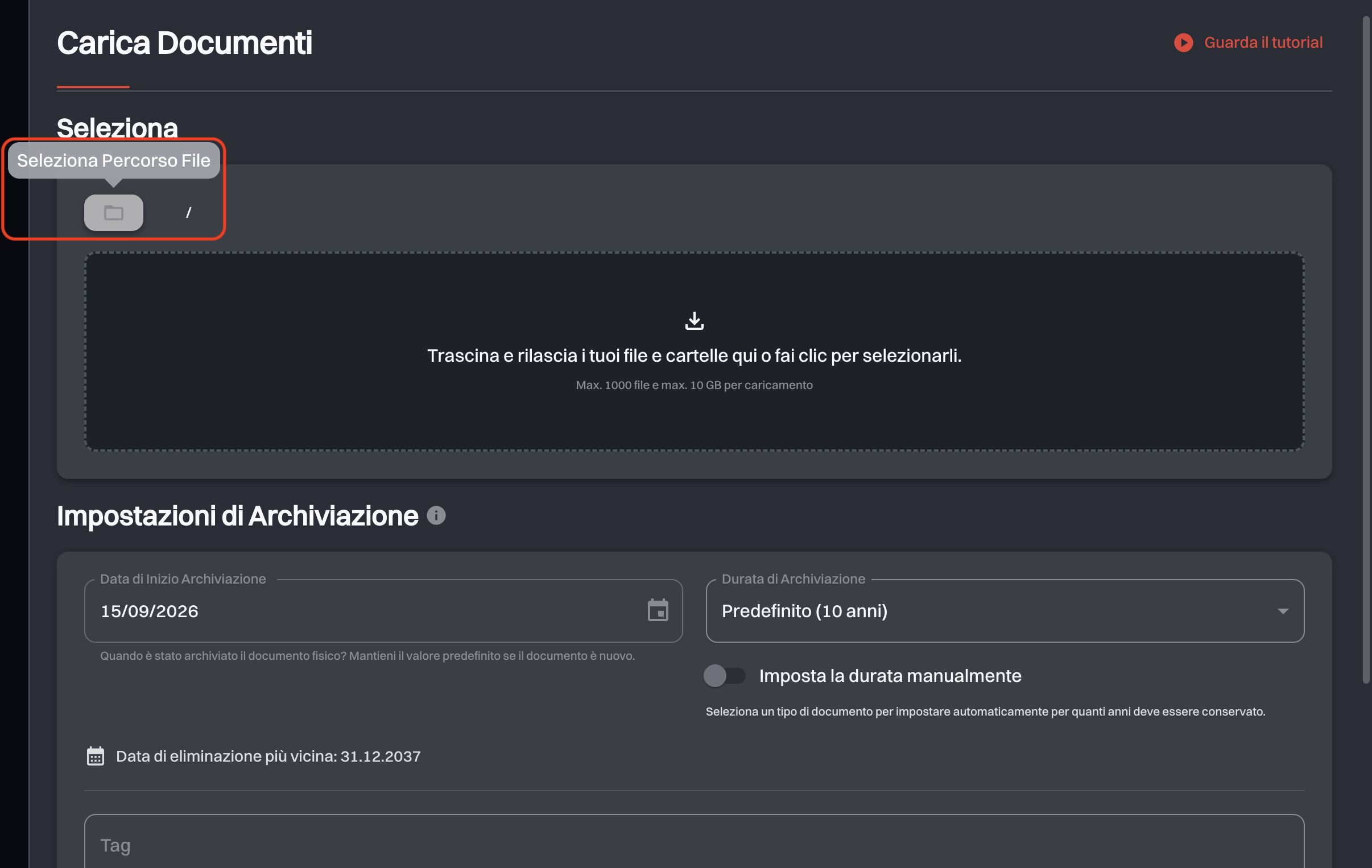 Sezione Seleziona della pagina di caricamento con il pulsante Seleziona Percorso File e il percorso di destinazione sopra l’area di rilascio