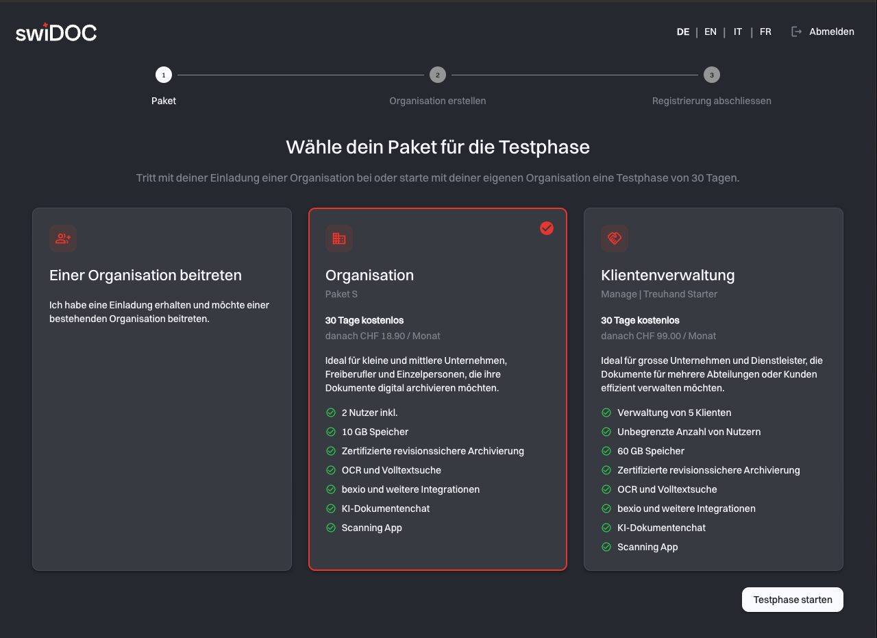 Der Schritt Paket mit den Karten Einer Organisation beitreten, Organisation und Klientenverwaltung und der Schaltfläche Testphase starten