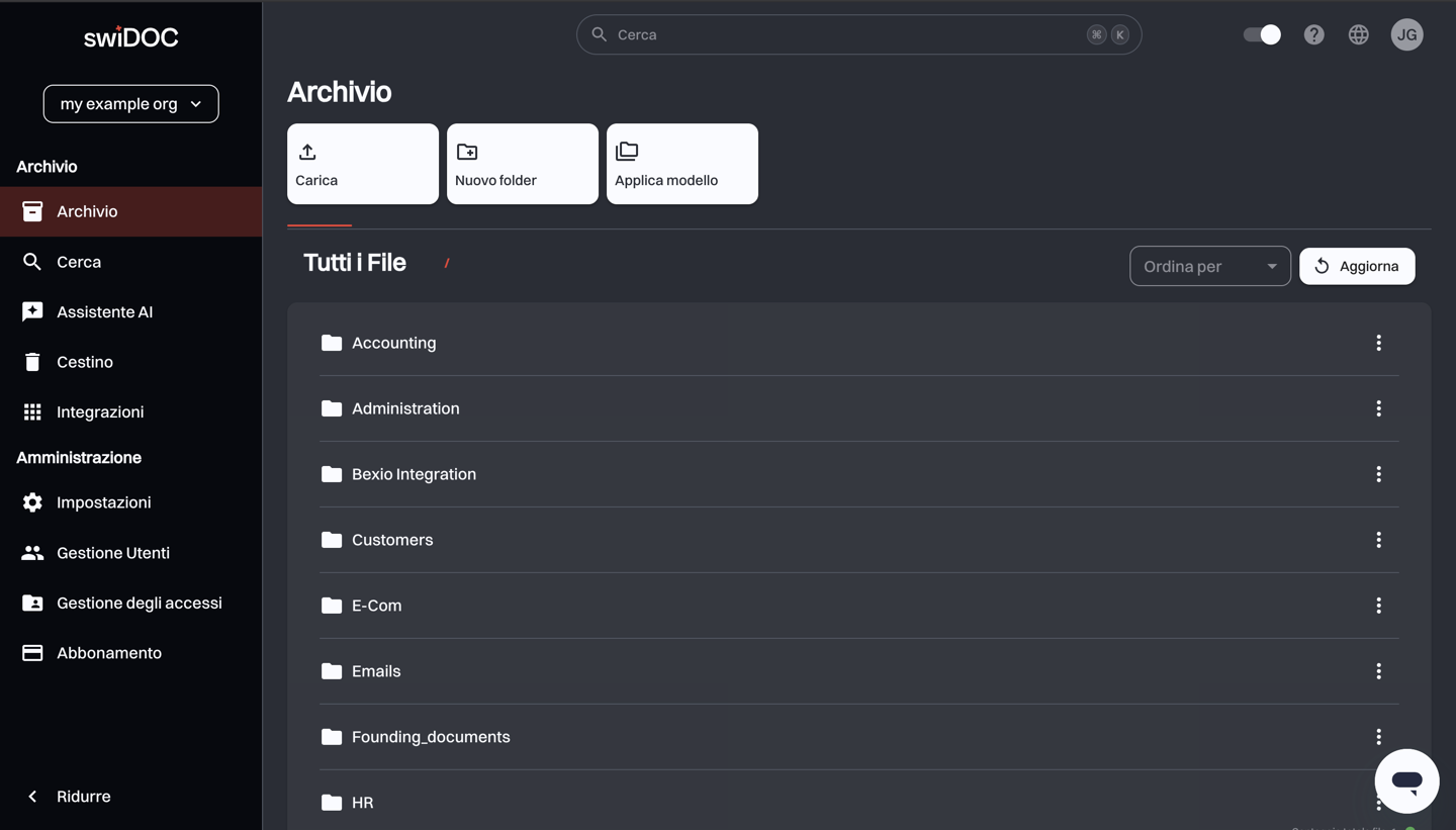 L’app con l’archivio aperto e la barra laterale con le sezioni Archivio e Amministrazione
