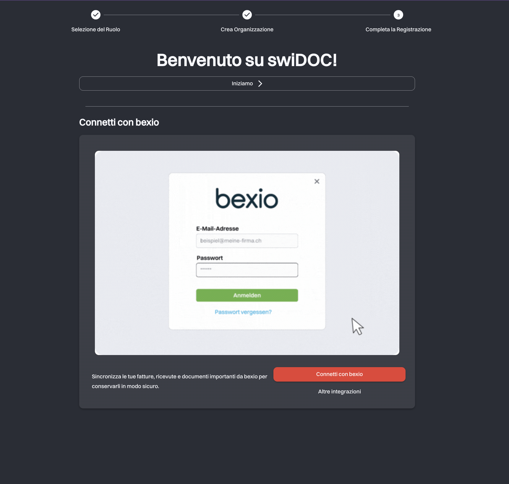 Schermata di benvenuto con Iniziamo e il collegamento a bexio