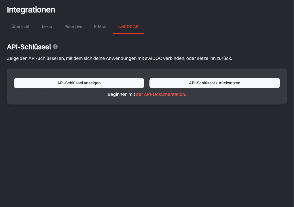 Der Tab swiDOC API mit den Schaltflächen API-Schlüssel anzeigen und API-Schlüssel zurücksetzen und einem Link zur API-Dokumentation