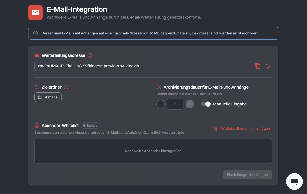Die Seite E-Mail-Integration mit Weiterleitungsadresse, Zielordner, Archivierungsdauer für E-Mails und Anhänge und Absender-Whitelist