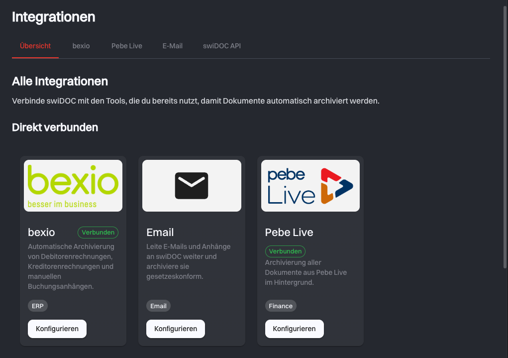 Die Seite Integrationen im Tab Übersicht mit den Karten bexio, Email und Pebe Live, bexio und Pebe Live zeigen Verbunden