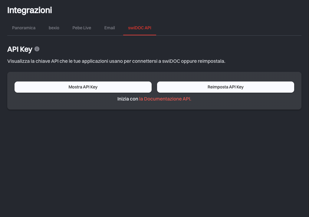 La scheda swiDOC API con i pulsanti Mostra API Key e Reimposta API Key e un link alla documentazione dell’API