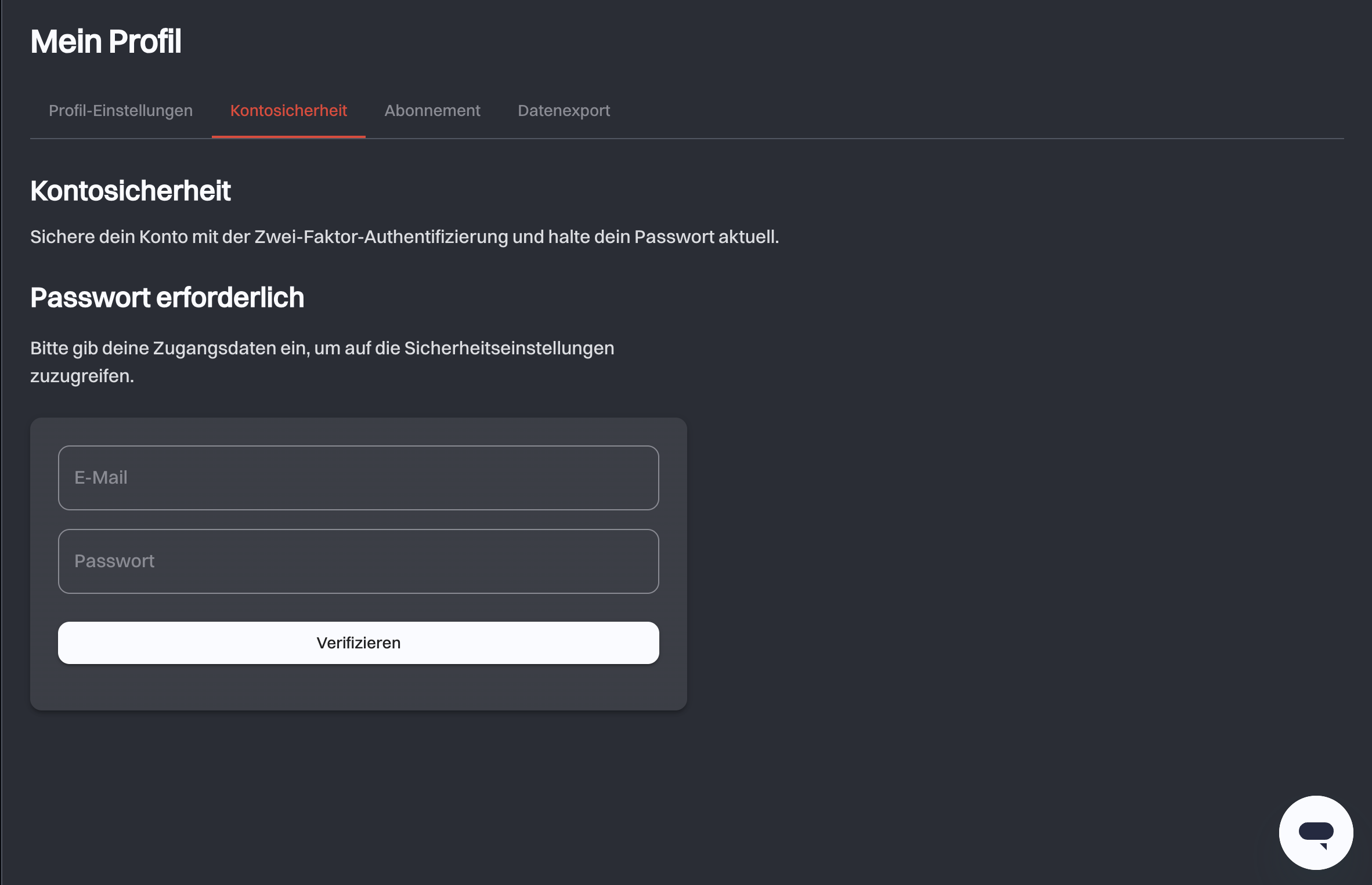Der Schritt Passwort erforderlich im Tab Kontosicherheit, der vor der Schaltfläche Verifizieren nach E-Mail und Passwort fragt