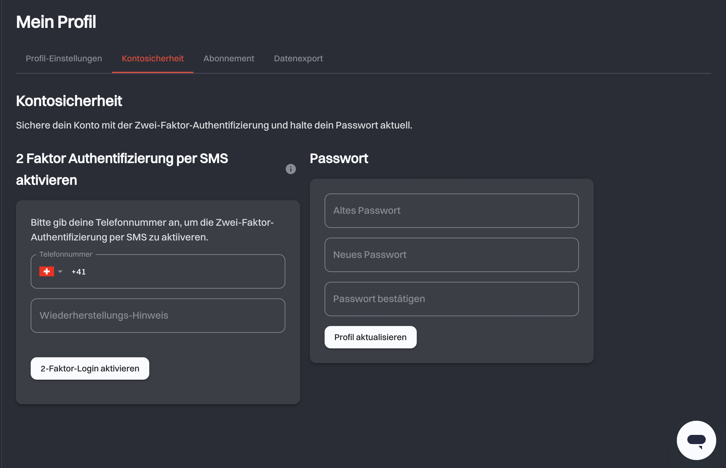 Der Tab Kontosicherheit mit der Karte 2 Faktor Authentifizierung per SMS links und der Karte Passwort rechts