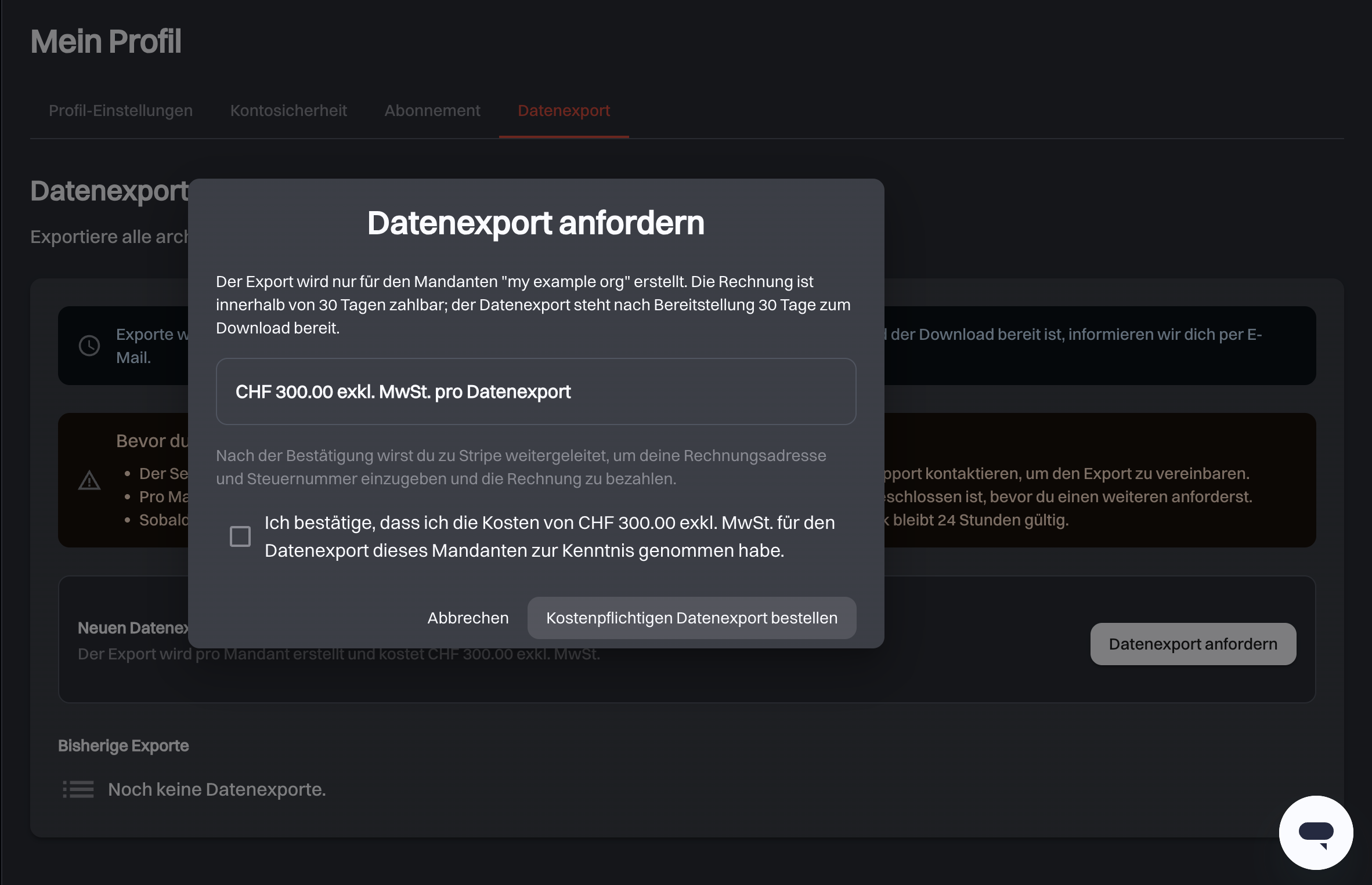 Der Dialog Datenexport anfordern mit dem Preis von CHF 300.00 exkl. MwSt., dem Bestätigungskästchen und der Schaltfläche Kostenpflichtigen Datenexport bestellen