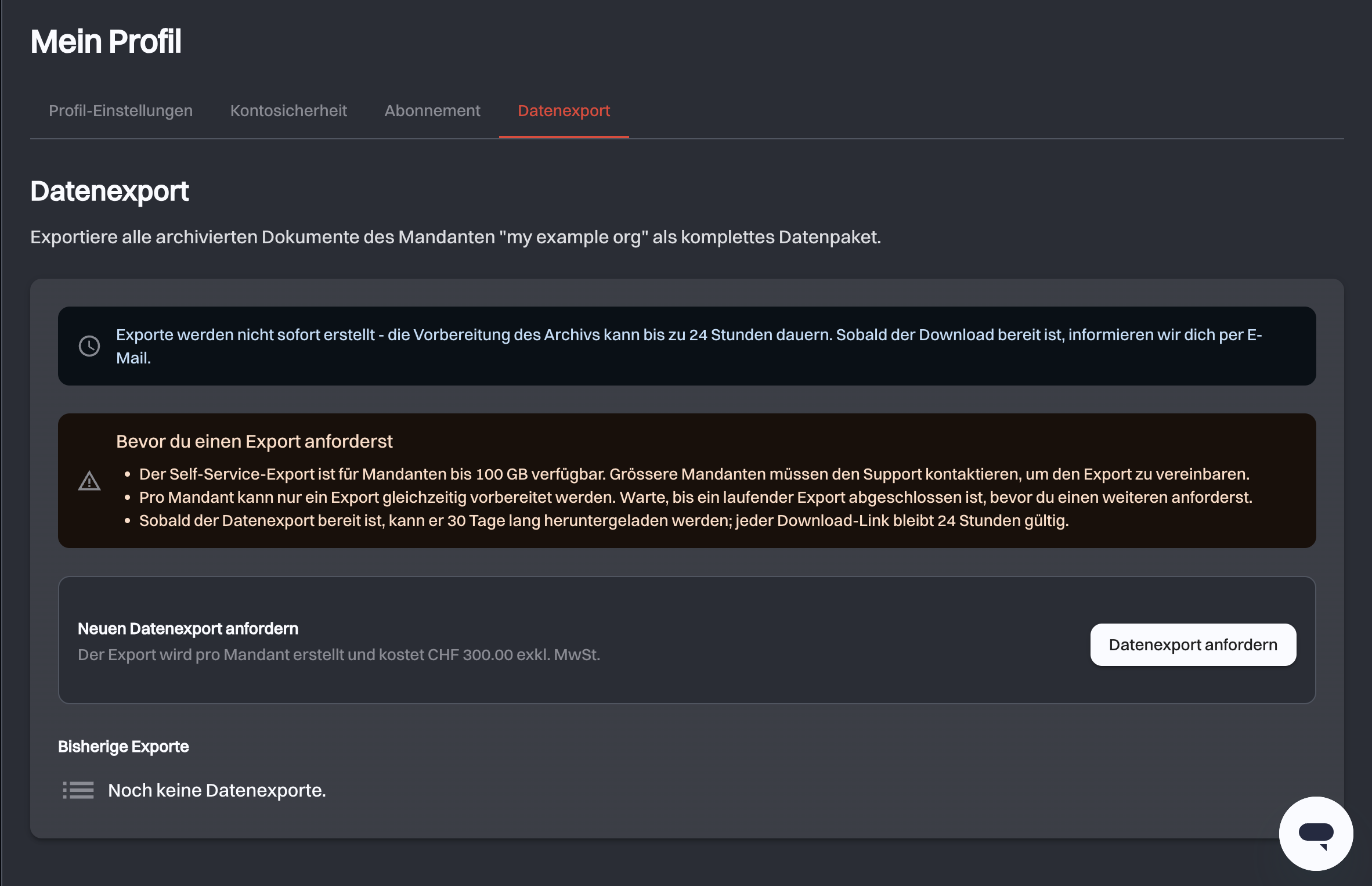 Der Tab Datenexport mit dem Hinweis zur Bereitstellung, dem Panel mit den Grenzen, der Schaltfläche Datenexport anfordern und einer leeren Liste Bisherige Exporte