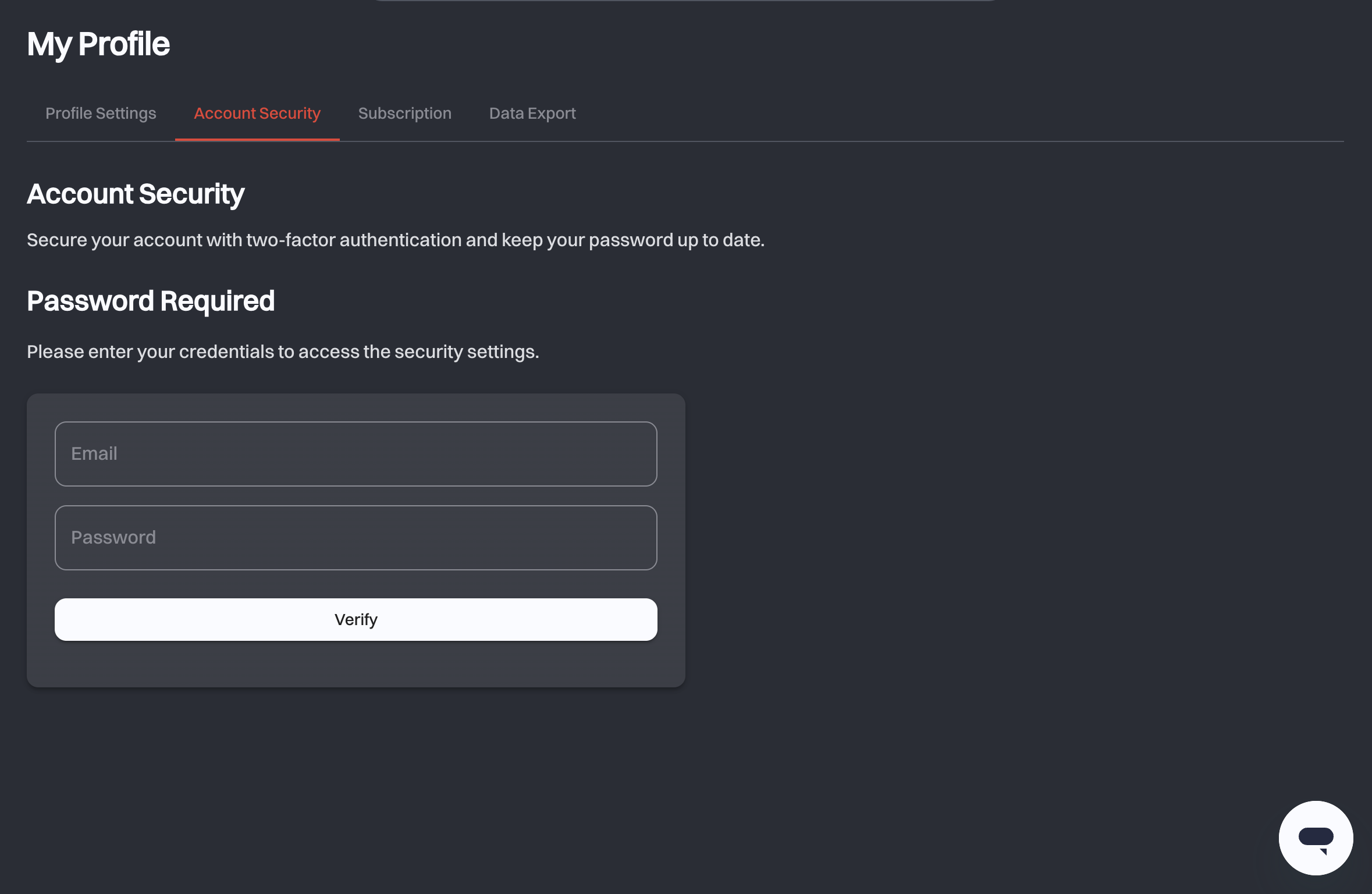 The Password Required step on the Account Security tab, asking for email and password before the Verify button