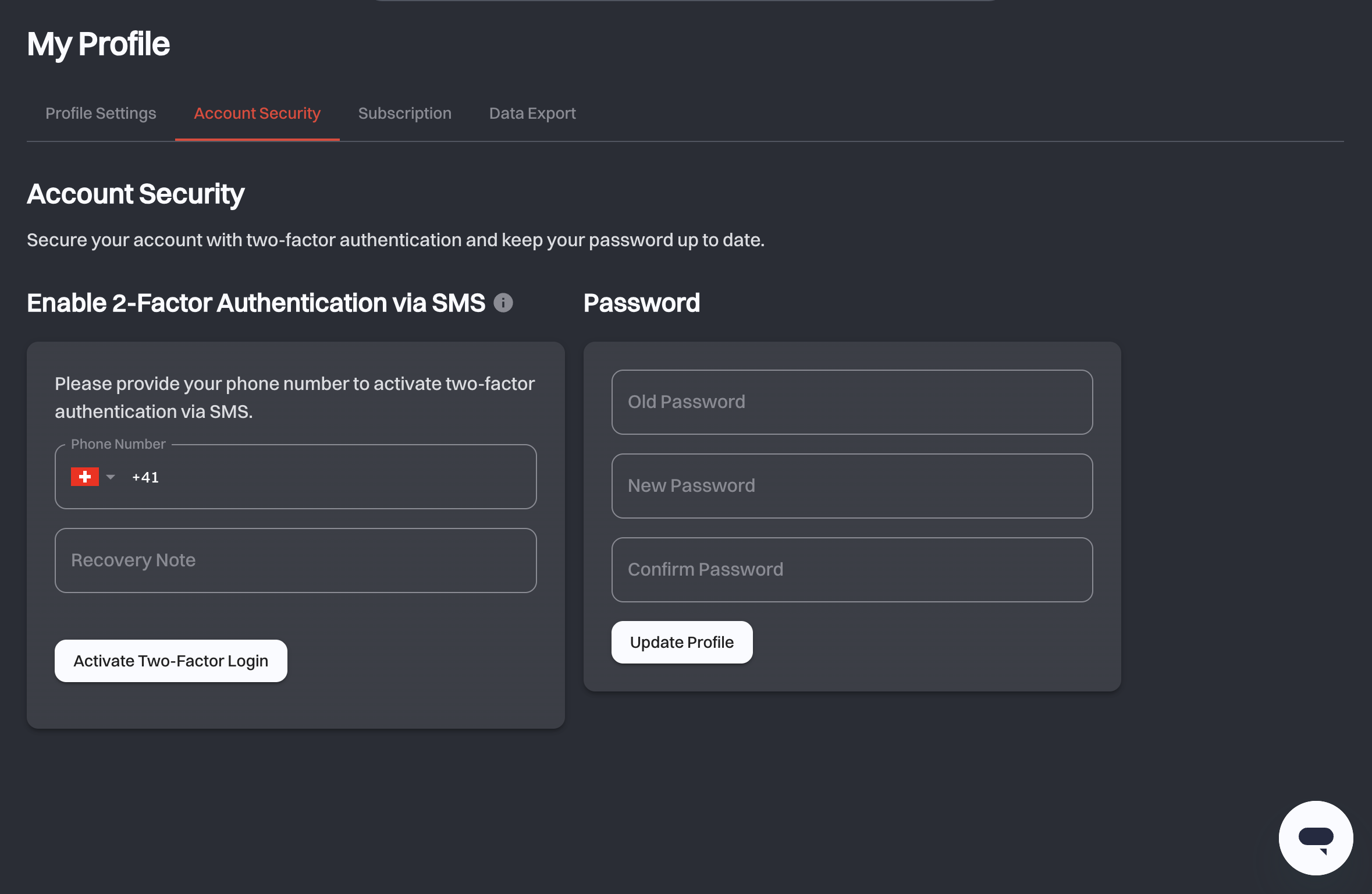 The Account Security tab with the 2-Factor Authentication via SMS card on the left and the Password card on the right