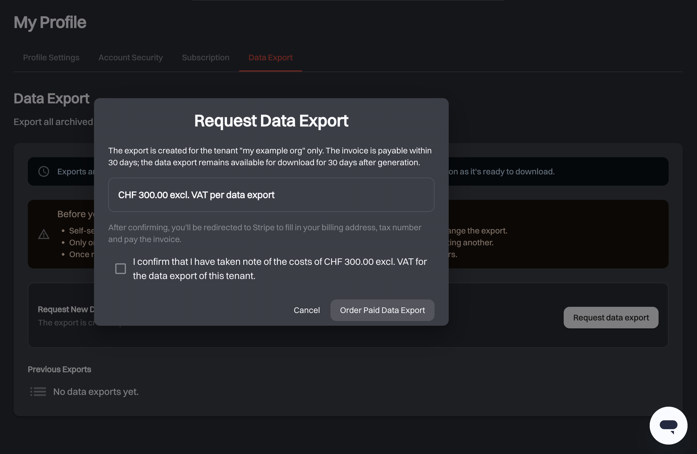 The Request Data Export dialog showing the price of CHF 300.00 excl. VAT, the confirmation checkbox and the Order Paid Data Export button