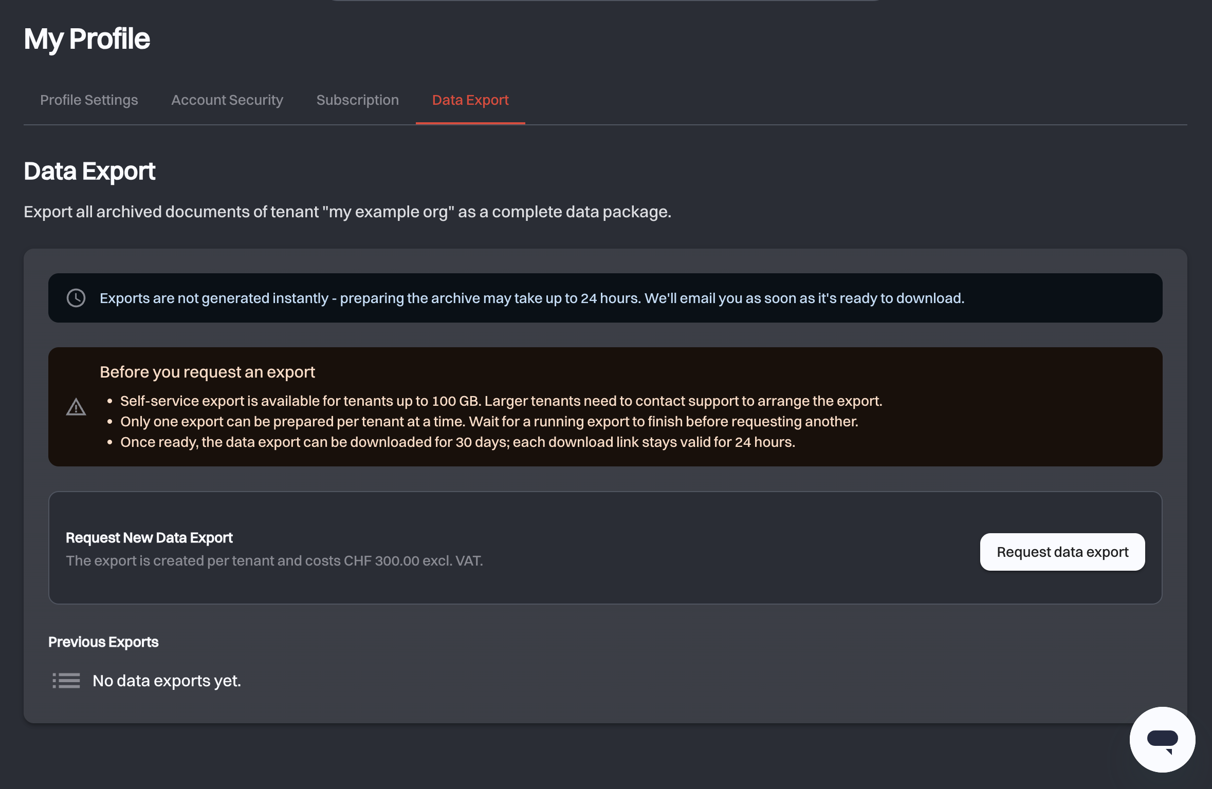 The Data Export tab showing the delivery notice, the limits panel, the Request data export button and an empty Previous Exports list