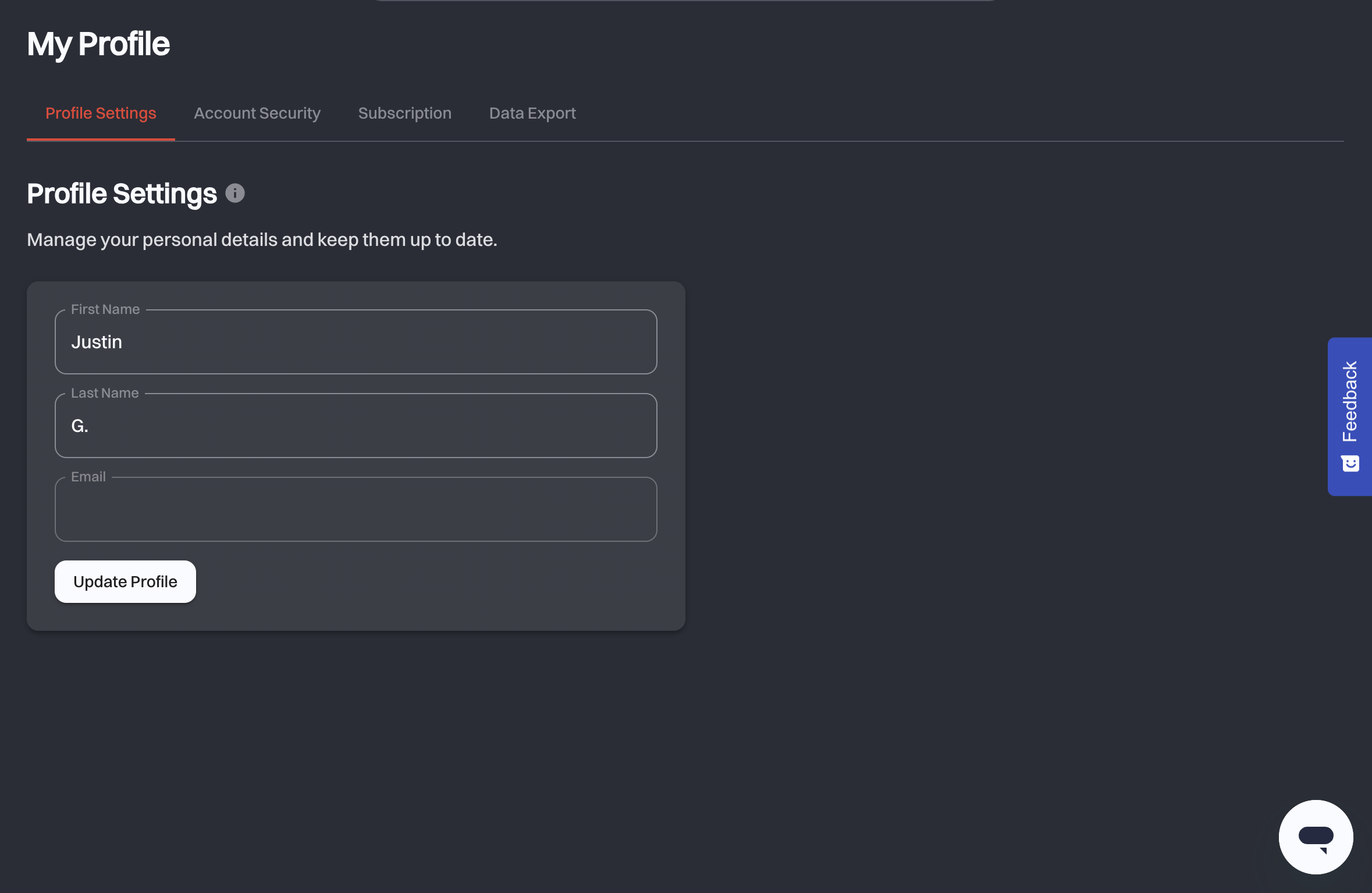 The Profile Settings tab with First Name, Last Name and Email fields above the Update Profile button