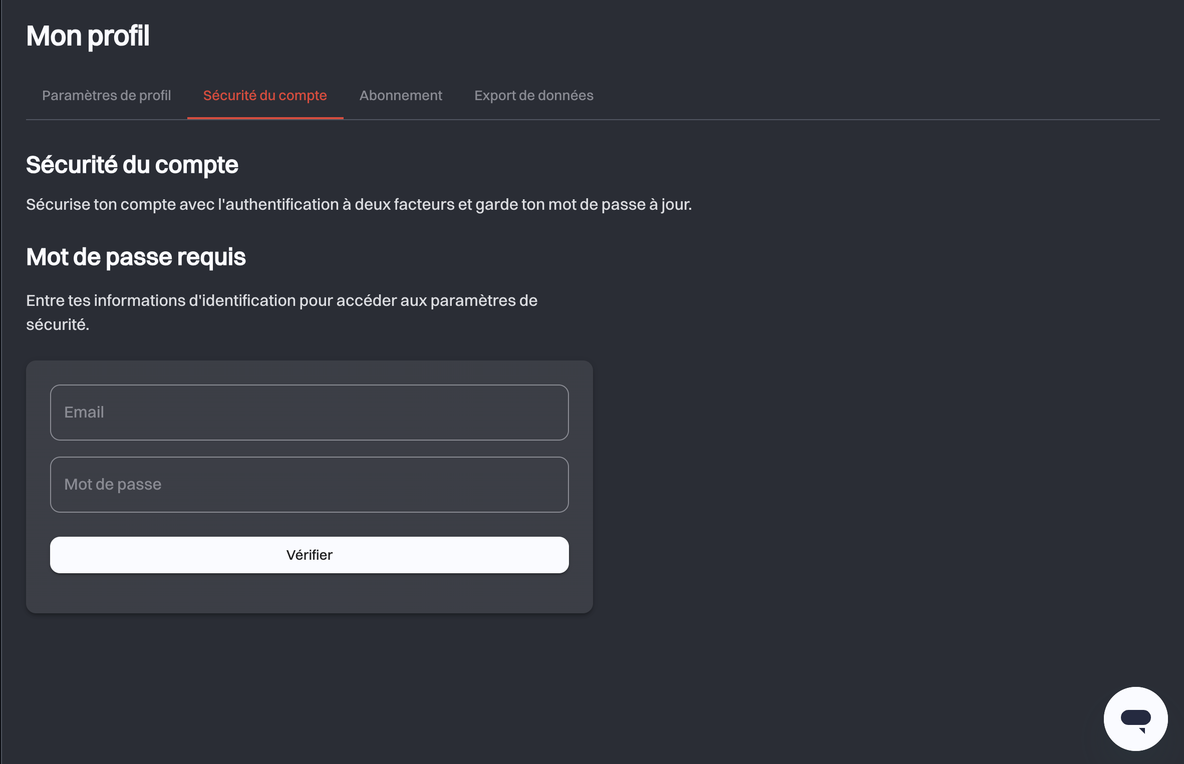 L’étape Mot de passe requis sur l’onglet Sécurité du compte, demandant e-mail et mot de passe avant le bouton Vérifier