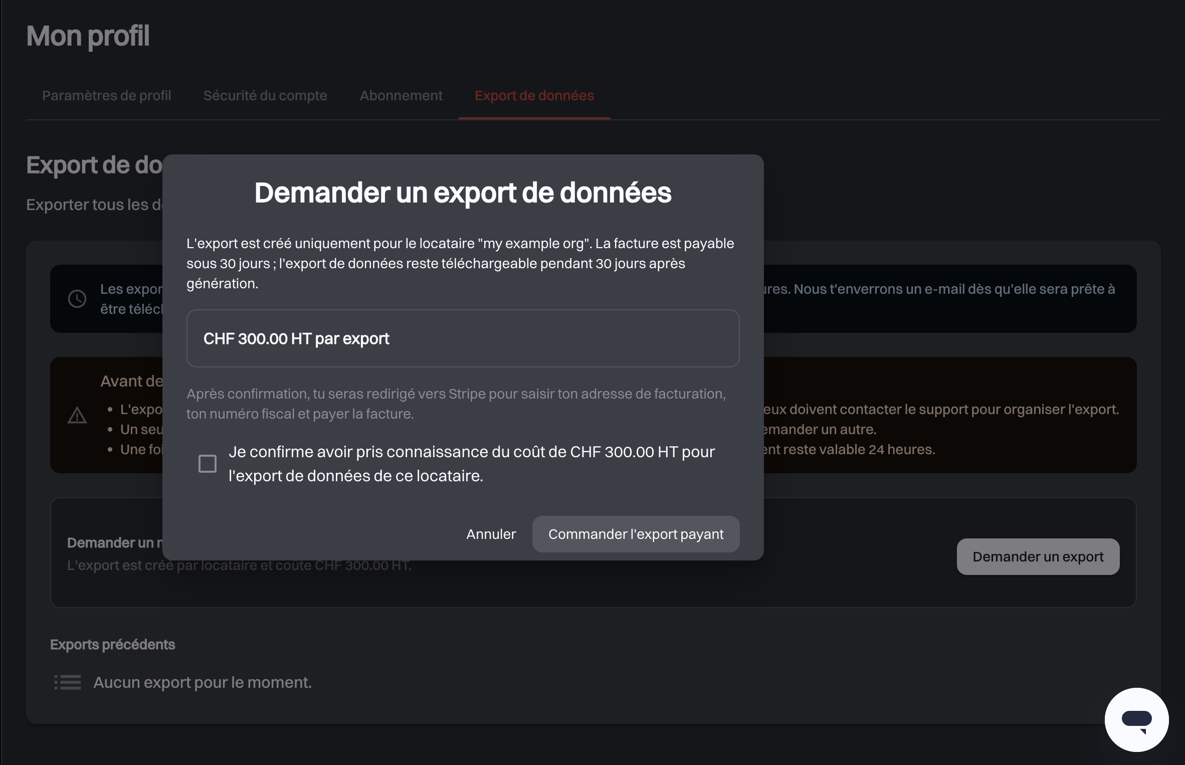 La fenêtre Demander un export de données montrant le prix de CHF 300.00 HT, la case de confirmation et le bouton Commander l’export payant