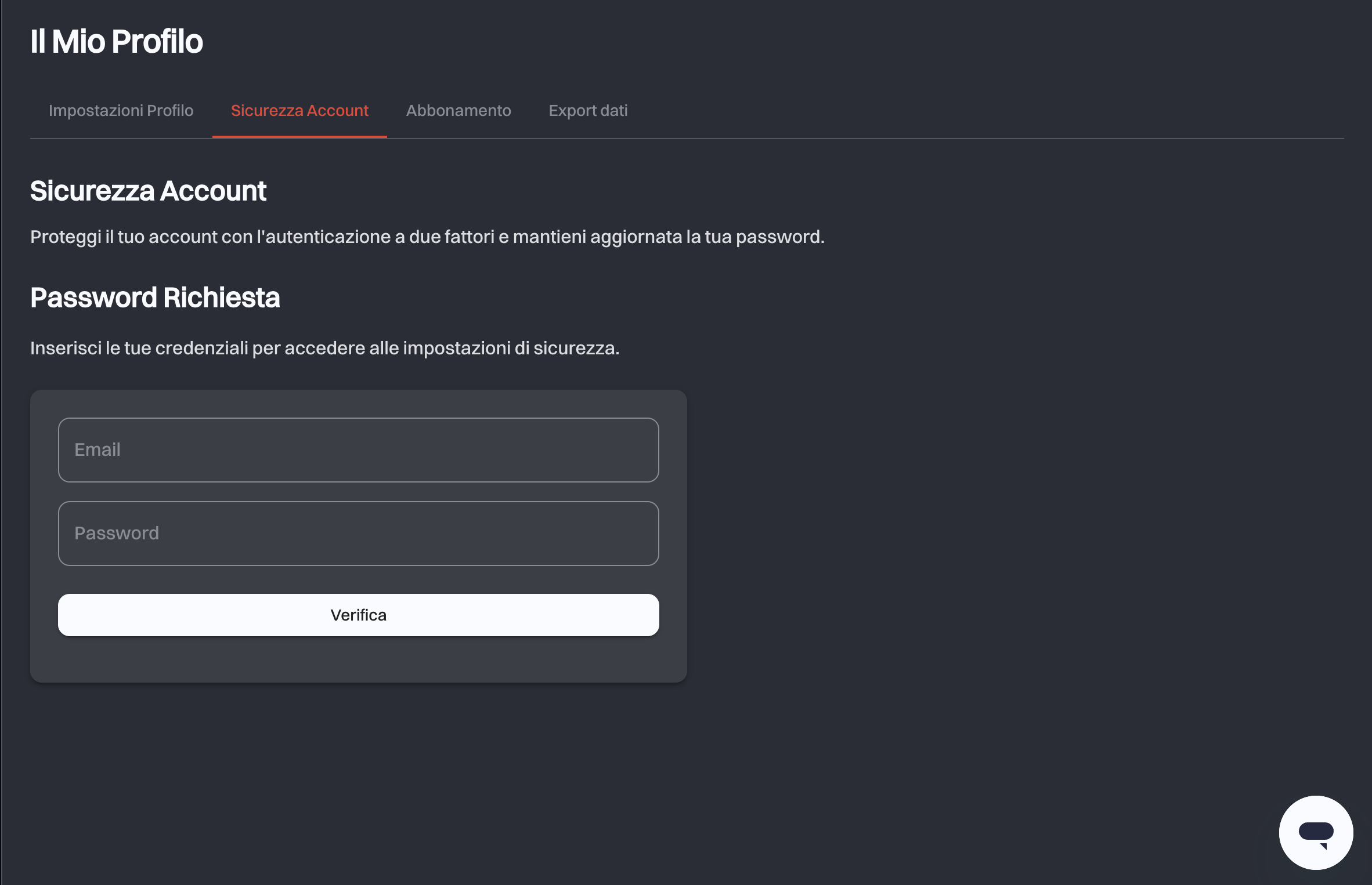 Il passaggio Password Richiesta nella scheda Sicurezza Account, che chiede e-mail e password prima del pulsante Verifica