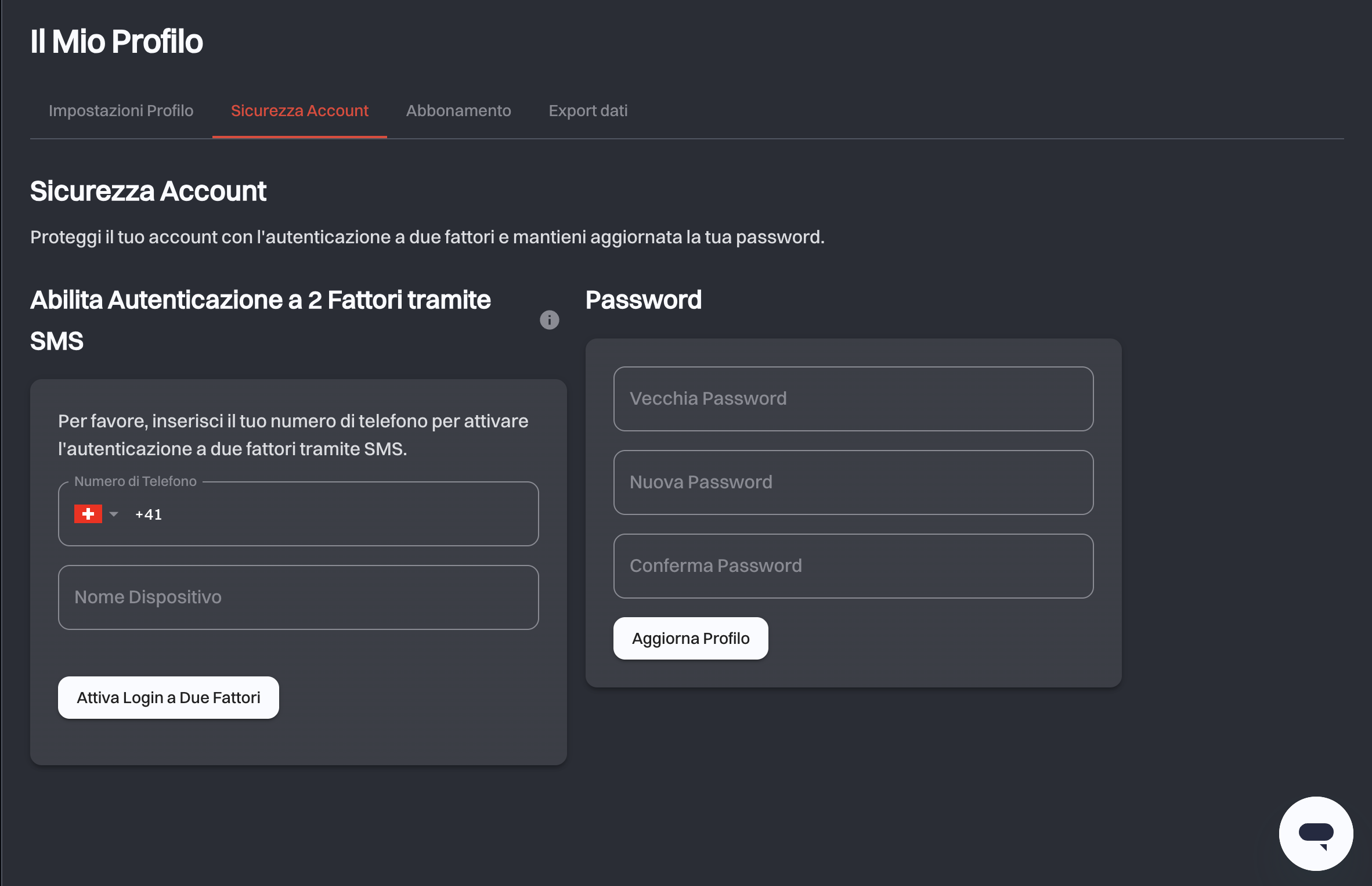 La scheda Sicurezza Account con la scheda Abilita Autenticazione a 2 Fattori tramite SMS a sinistra e la scheda Password a destra