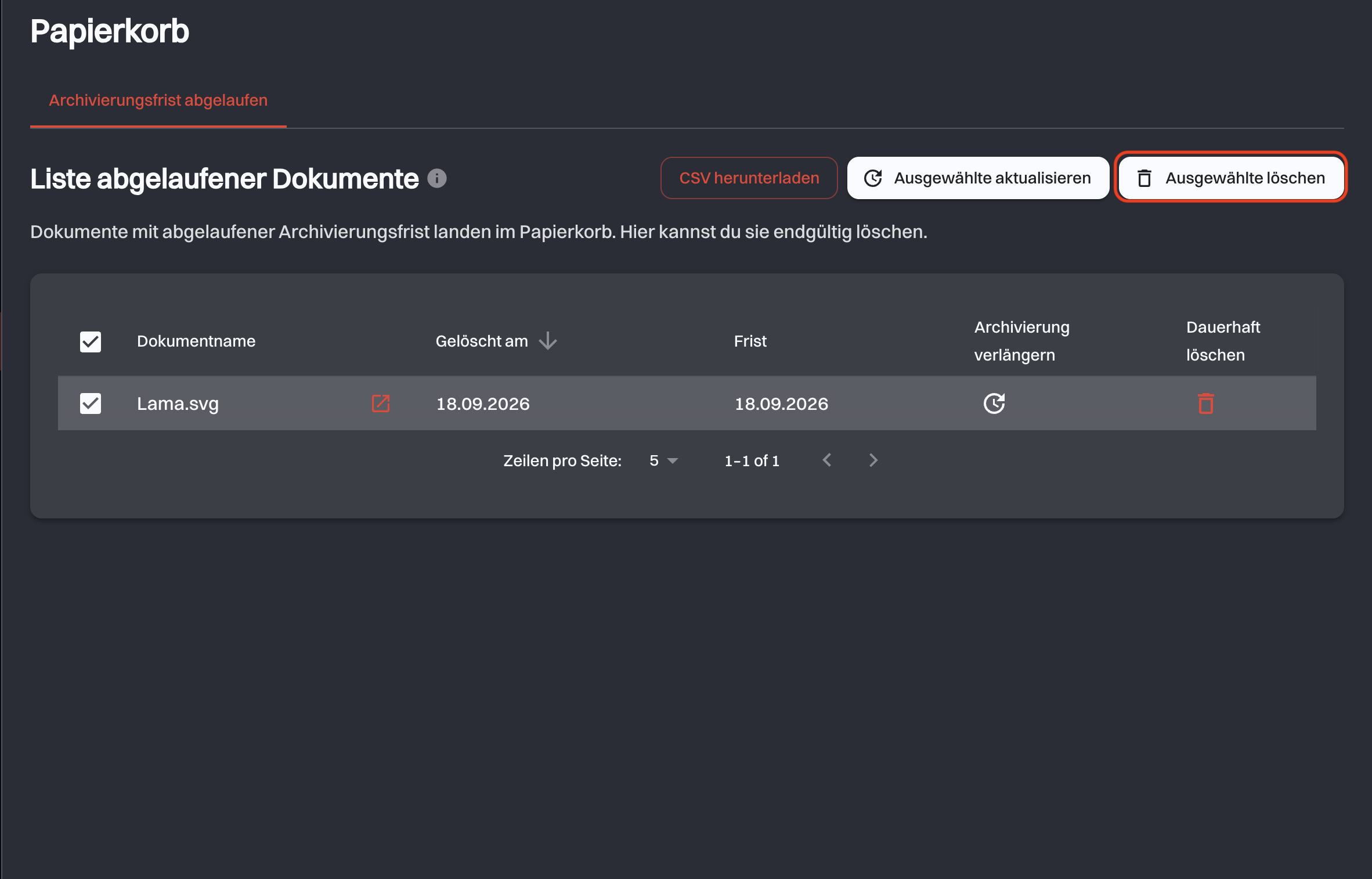 Ein ausgewähltes Dokument mit der hervorgehobenen Schaltfläche Ausgewählte löschen über der Tabelle