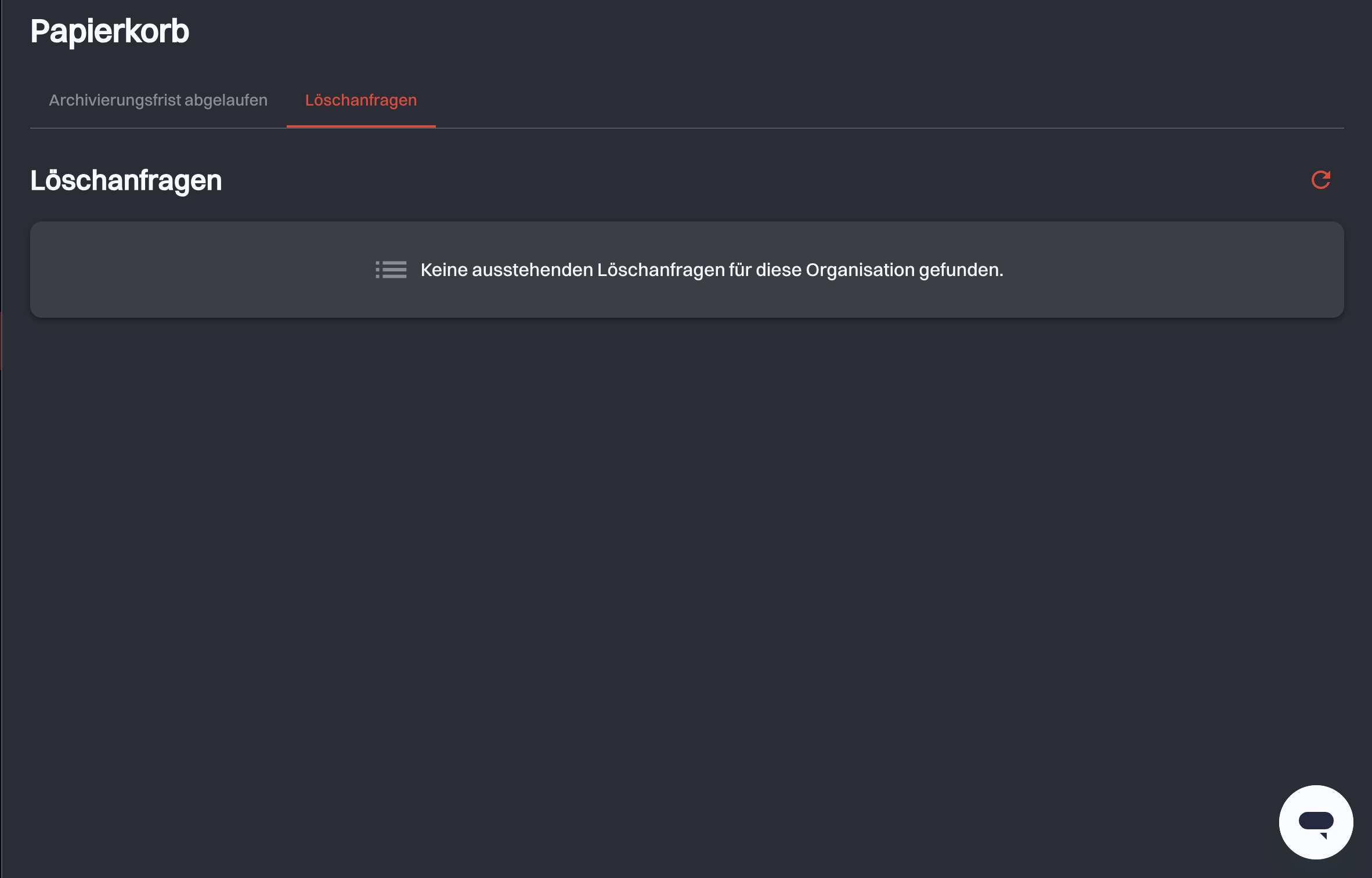 Der Tab Löschanfragen ohne ausstehende Anfragen für die Organisation