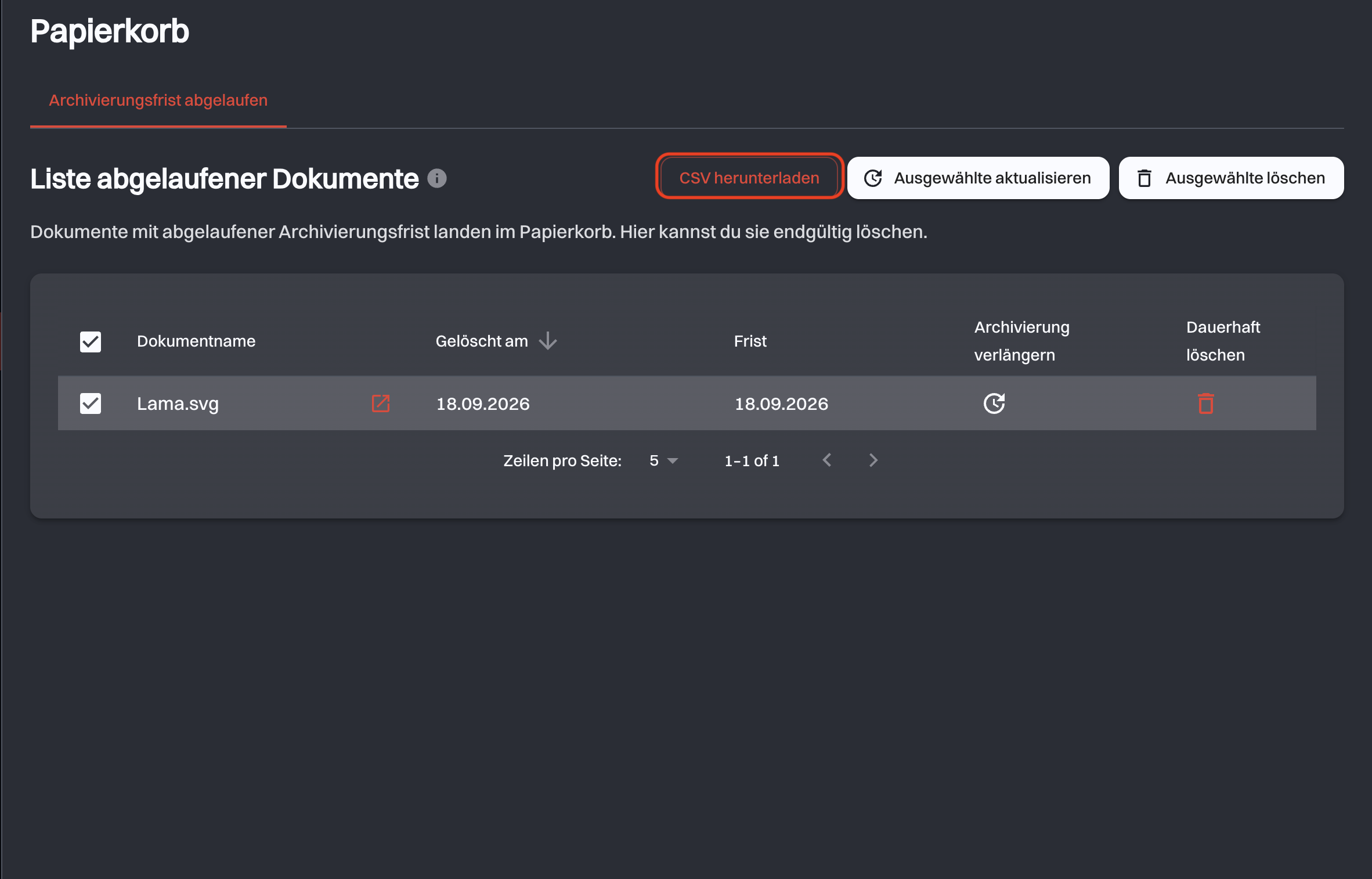Die hervorgehobene Schaltfläche CSV herunterladen über der Tabelle der abgelaufenen Dokumente