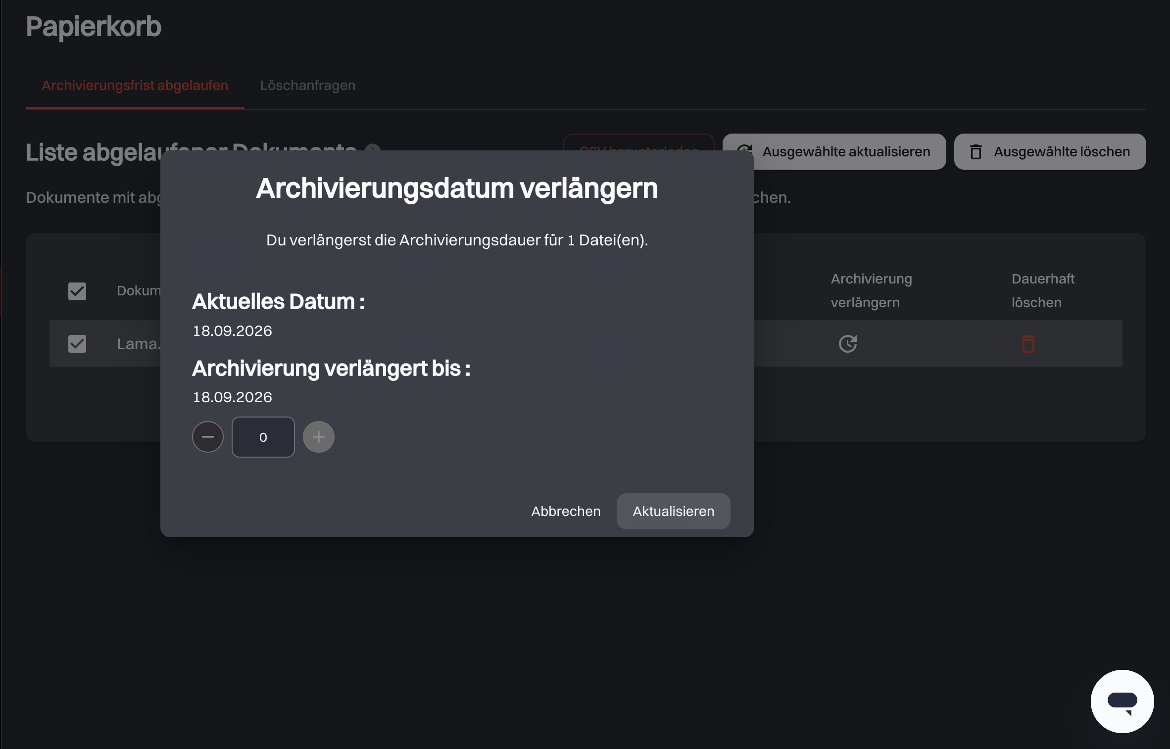 Der Dialog Archivierungsdatum verlängern mit dem aktuellen Datum, dem daraus folgenden Datum Archivierung verlängert bis und dem Zähler für die Jahre