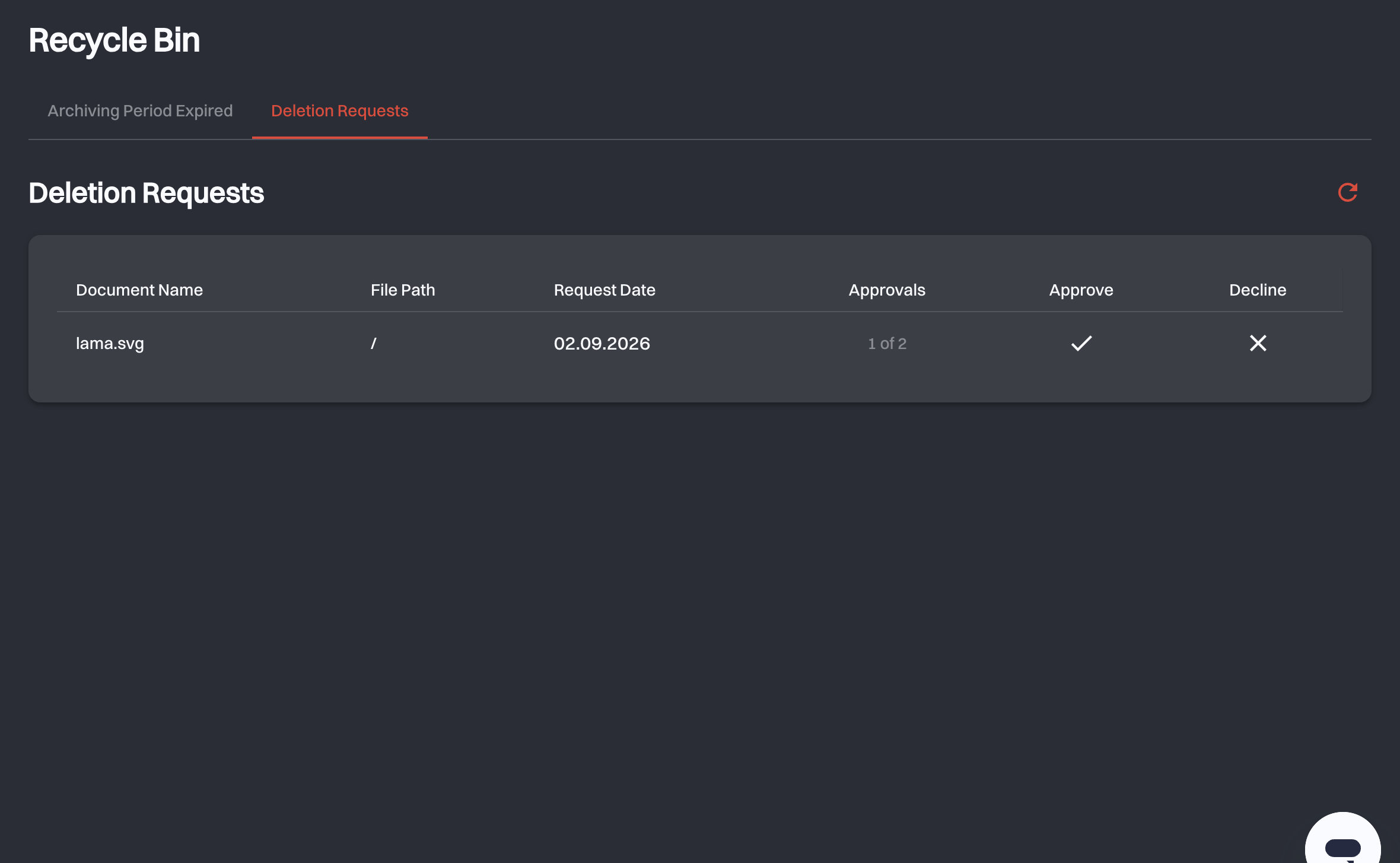 The Deletion Requests tab showing one pending request at 1 of 2 approvals with Approve and Decline actions