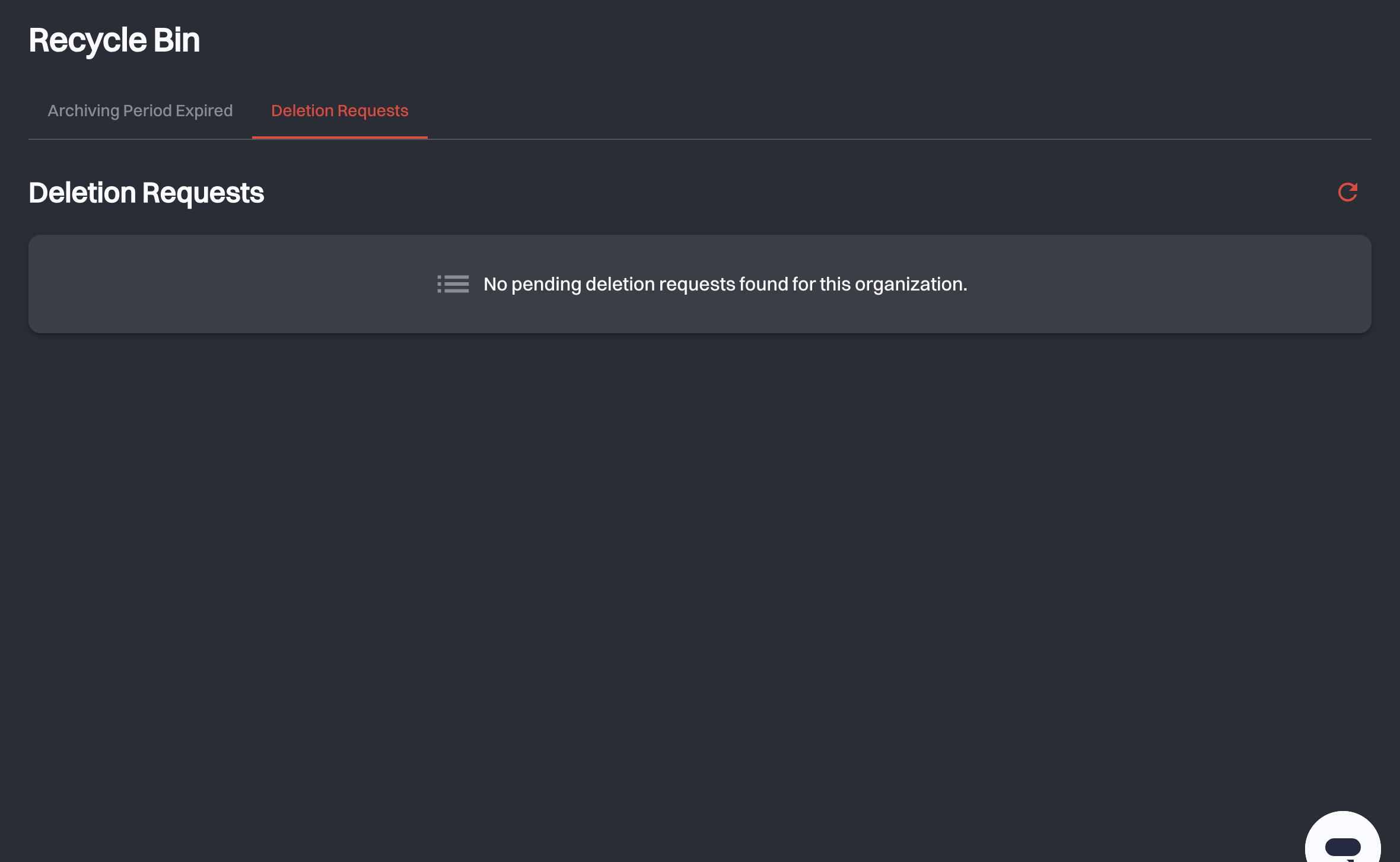 The Deletion Requests tab with no pending requests for the organization