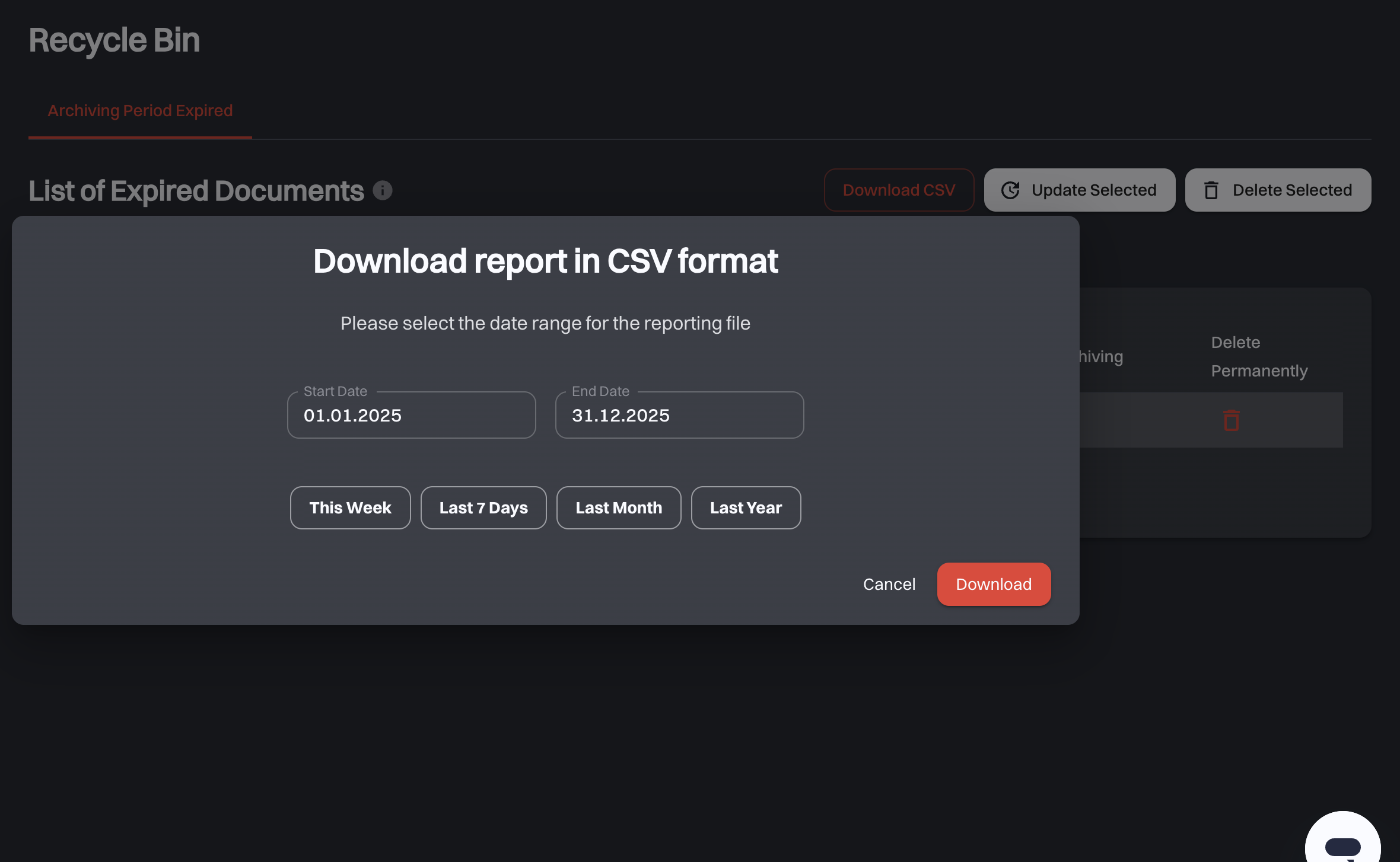 The Download report in CSV format dialog with start and end date fields and the This Week, Last 7 Days, Last Month and Last Year shortcuts
