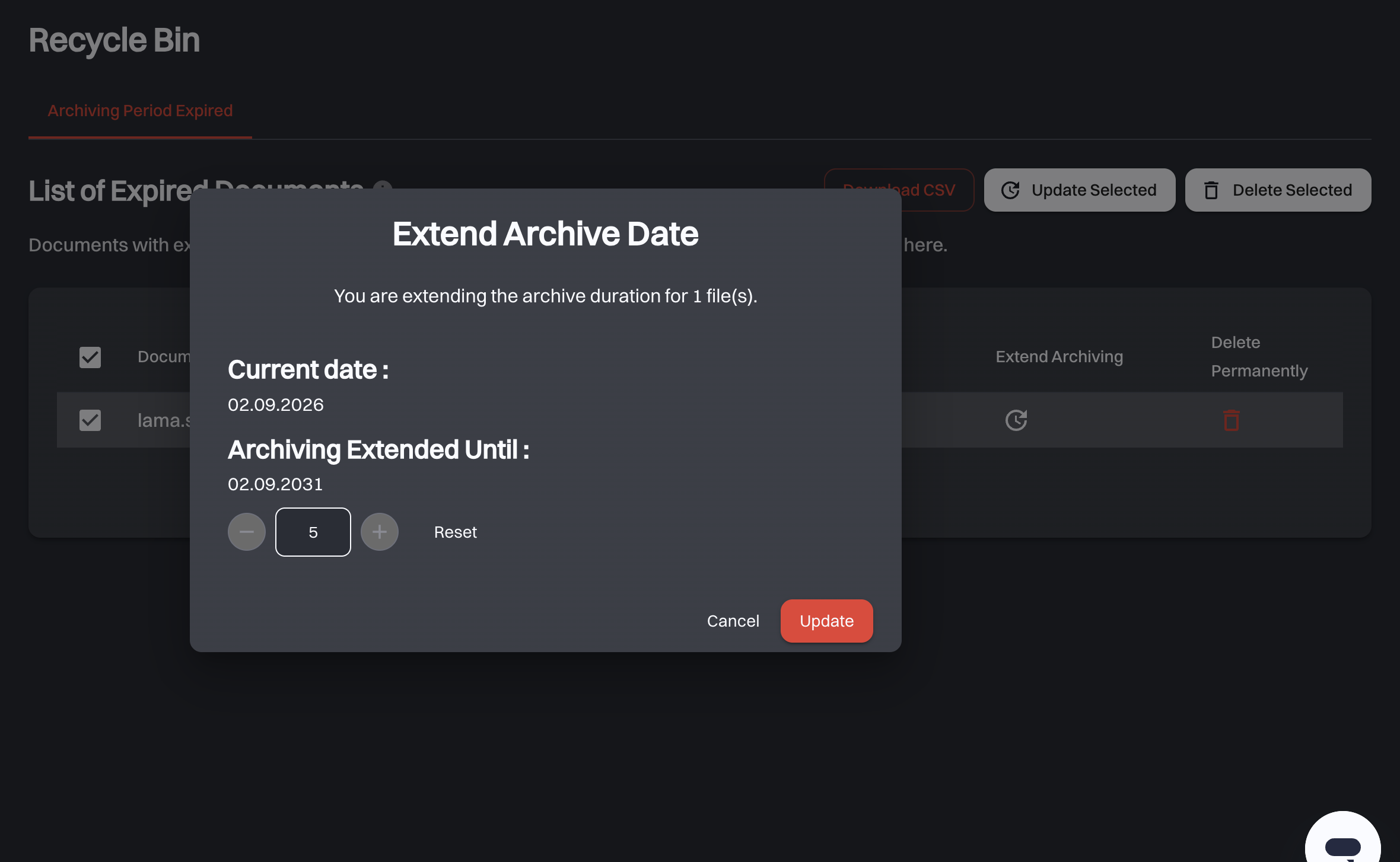 The Extend Archive Date dialog showing the current date, the resulting Archiving Extended Until date and a stepper set to 5 years