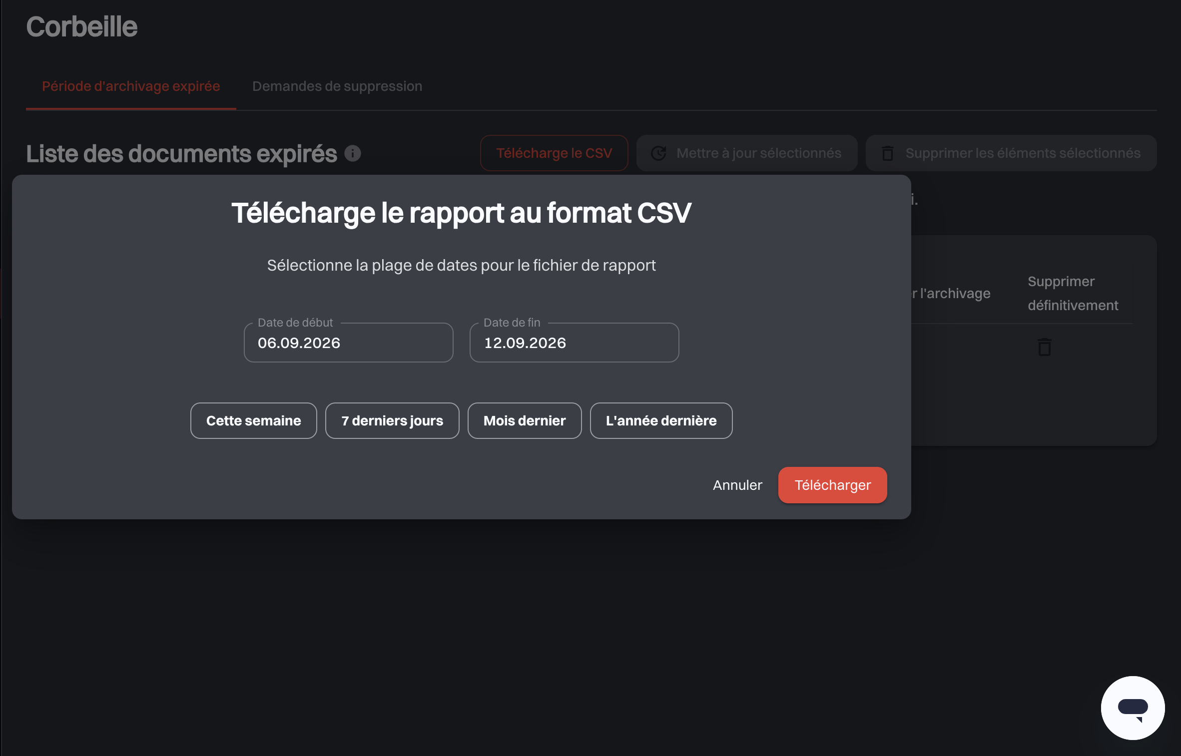 La fenêtre de téléchargement du rapport au format CSV avec les champs de date de début et de fin et les raccourcis Cette semaine, 7 derniers jours, Mois dernier et L’année dernière