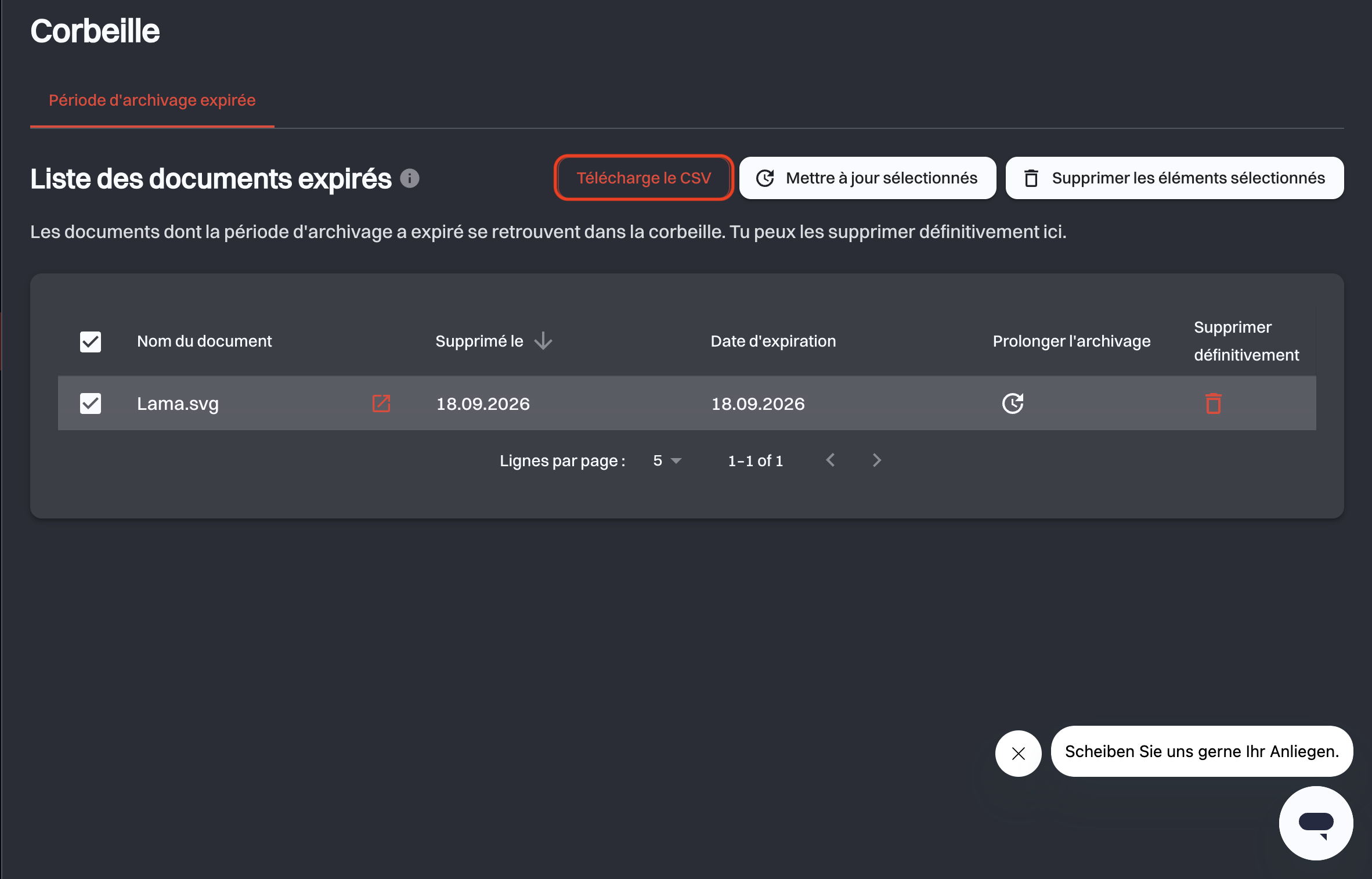 Le bouton Télécharge le CSV mis en évidence au-dessus du tableau des documents expirés