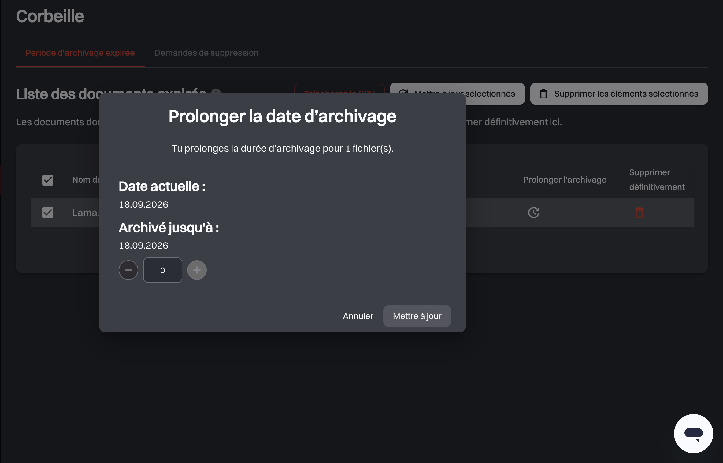 La fenêtre Prolonger la date d’archivage montrant la date actuelle, la date Archivé jusqu’à obtenue et le compteur d’années