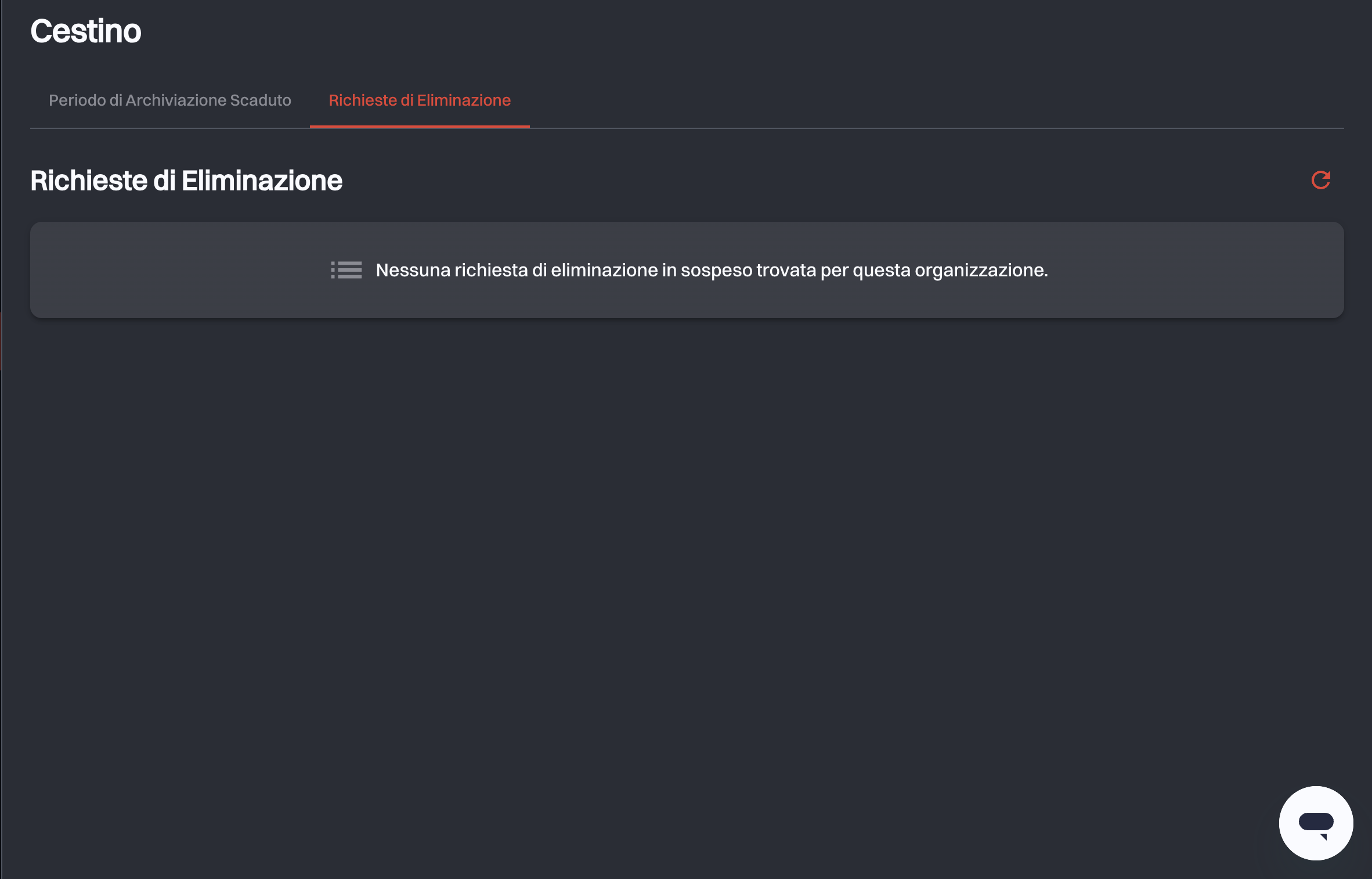 La scheda Richieste di Eliminazione senza richieste in sospeso per l’organizzazione