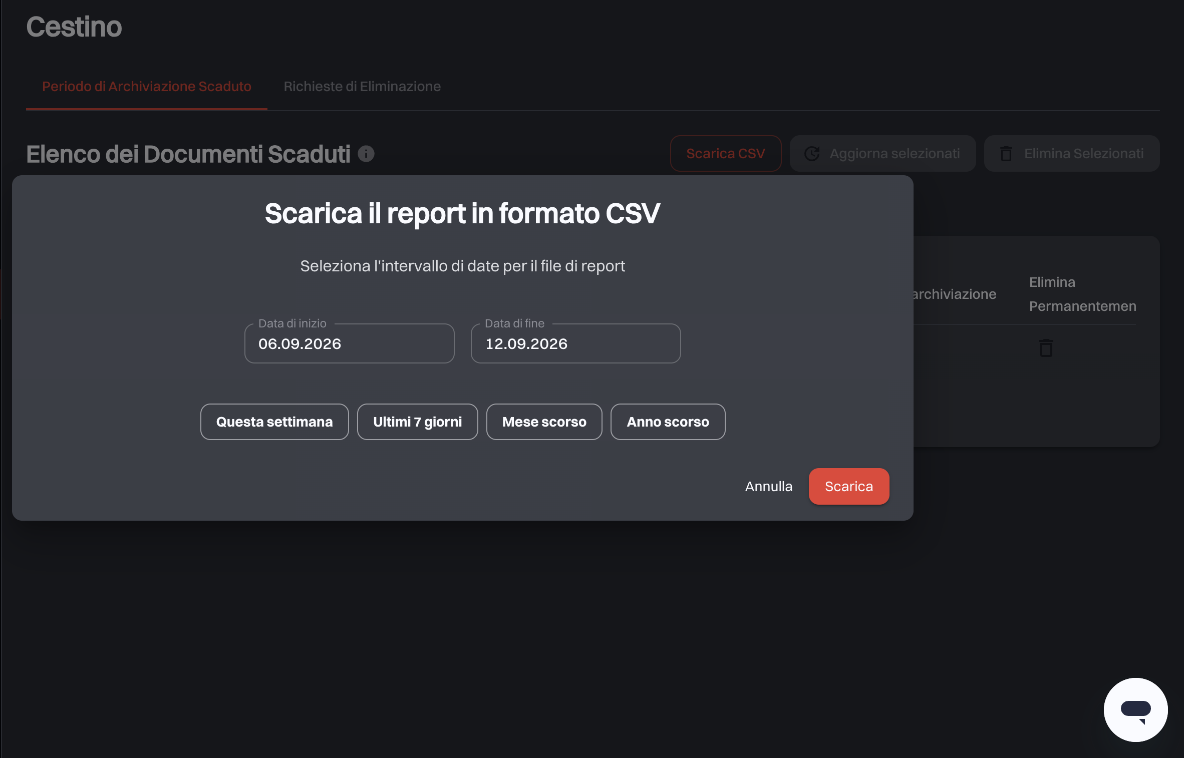 La finestra per scaricare il rapporto in formato CSV con i campi data di inizio e fine e le scorciatoie Questa settimana, Ultimi 7 giorni, Mese scorso e Anno scorso