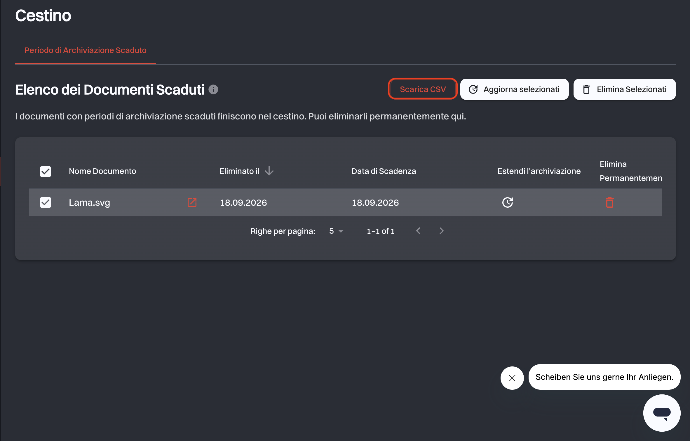 Il pulsante Scarica CSV evidenziato sopra la tabella dei documenti scaduti