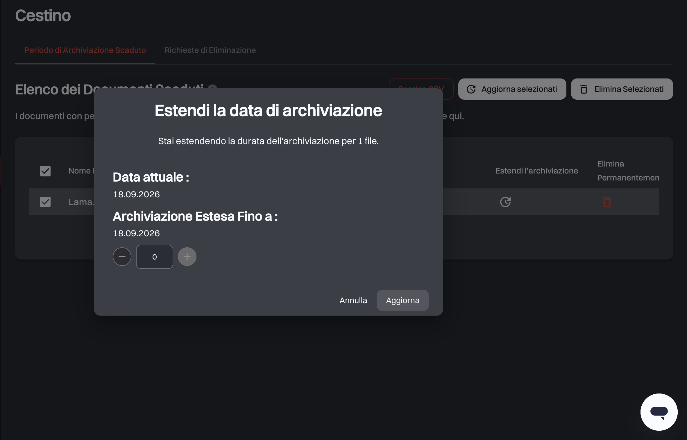 La finestra Estendi la data di archiviazione con la data attuale, la data Archiviazione Estesa Fino a che ne risulta e il contatore degli anni