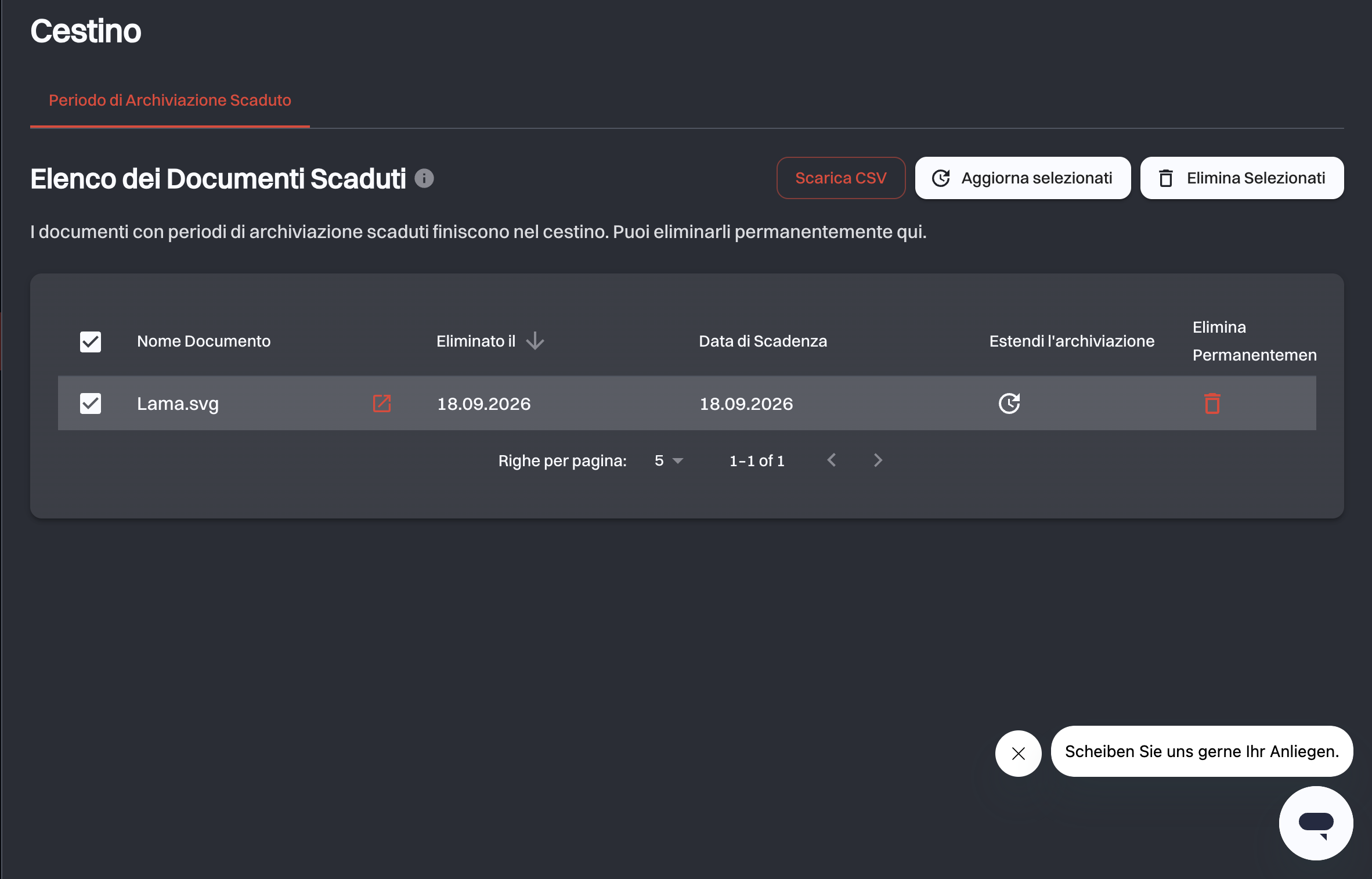 La scheda Periodo di Archiviazione Scaduto con un documento scaduto e i pulsanti Scarica CSV, Aggiorna selezionati ed Elimina Selezionati sopra la tabella