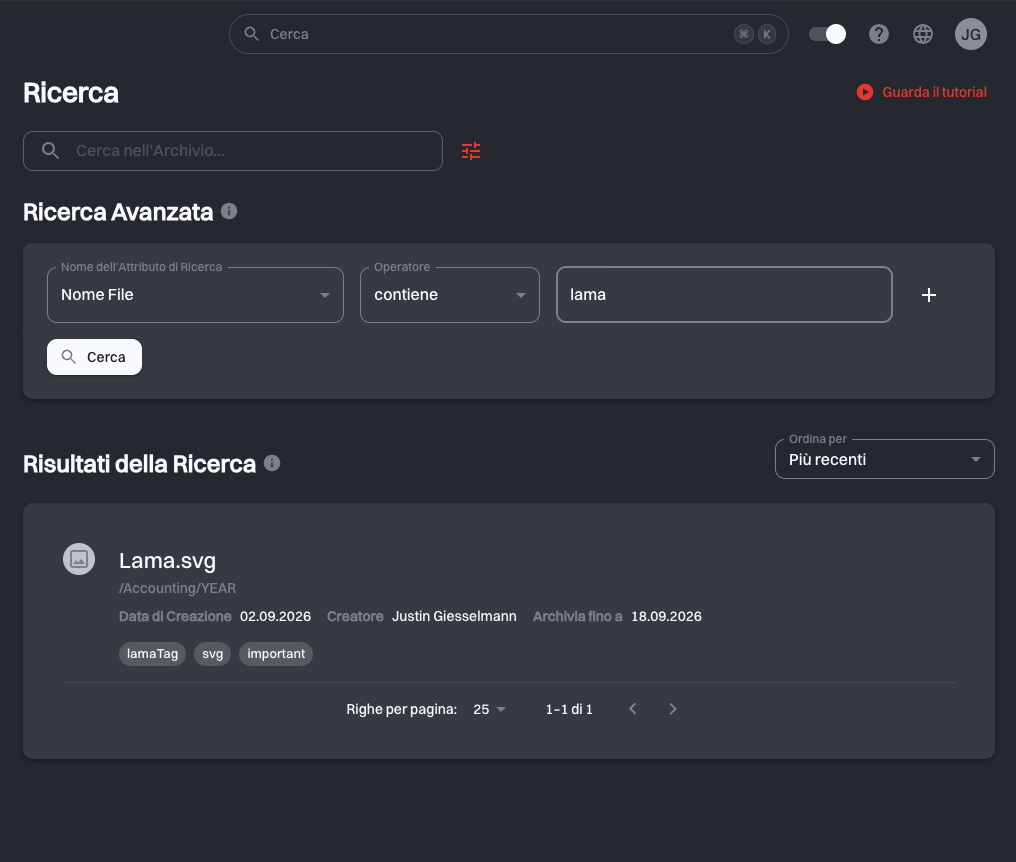 Ricerca Avanzata nella pagina Ricerca con una condizione Nome File contiene lama e il documento corrispondente sotto nei Risultati della Ricerca, con Ordina per su Più recenti e la paginazione