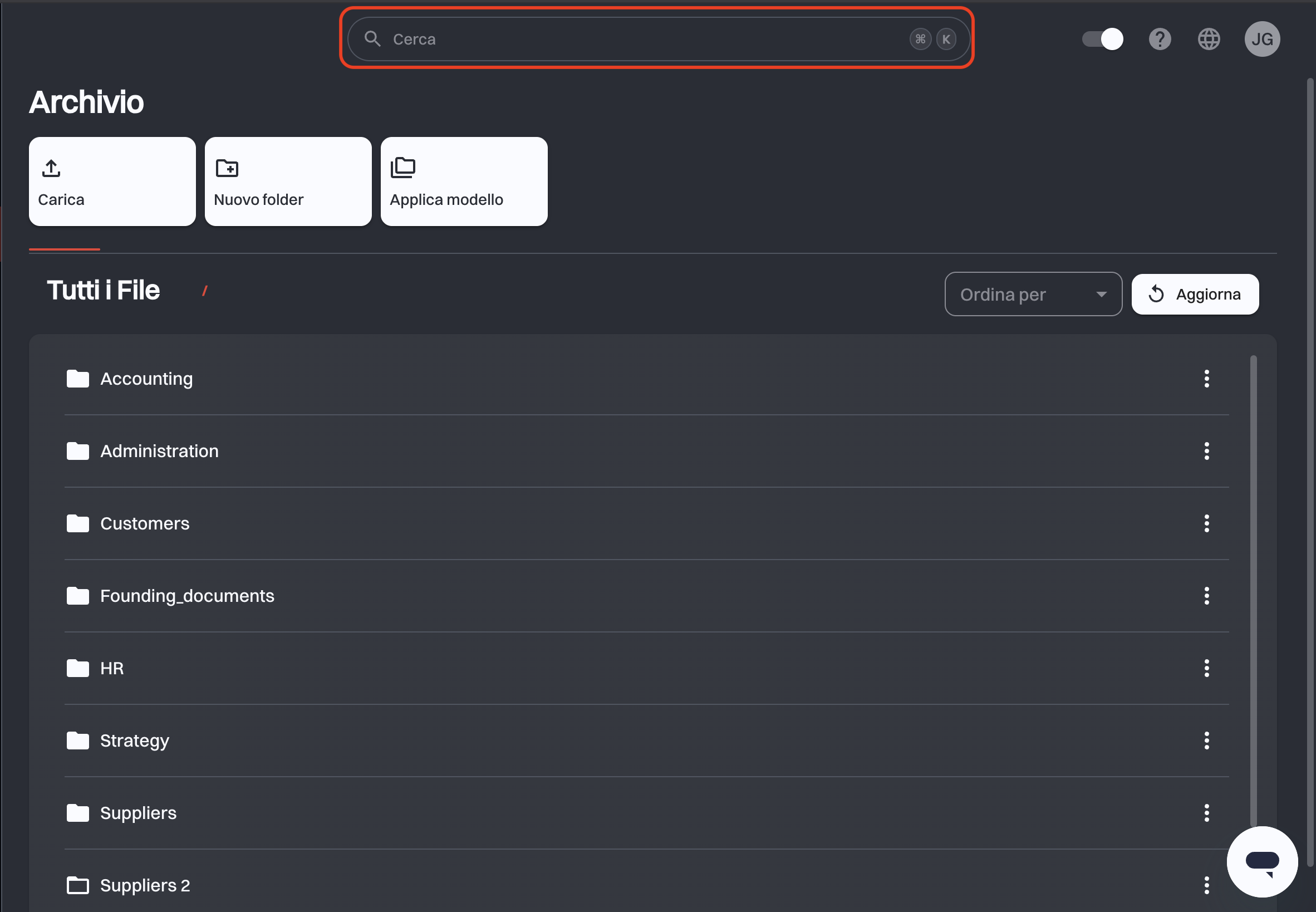 La barra di ricerca nell’intestazione dell’app, con la scorciatoia da tastiera sul bordo destro