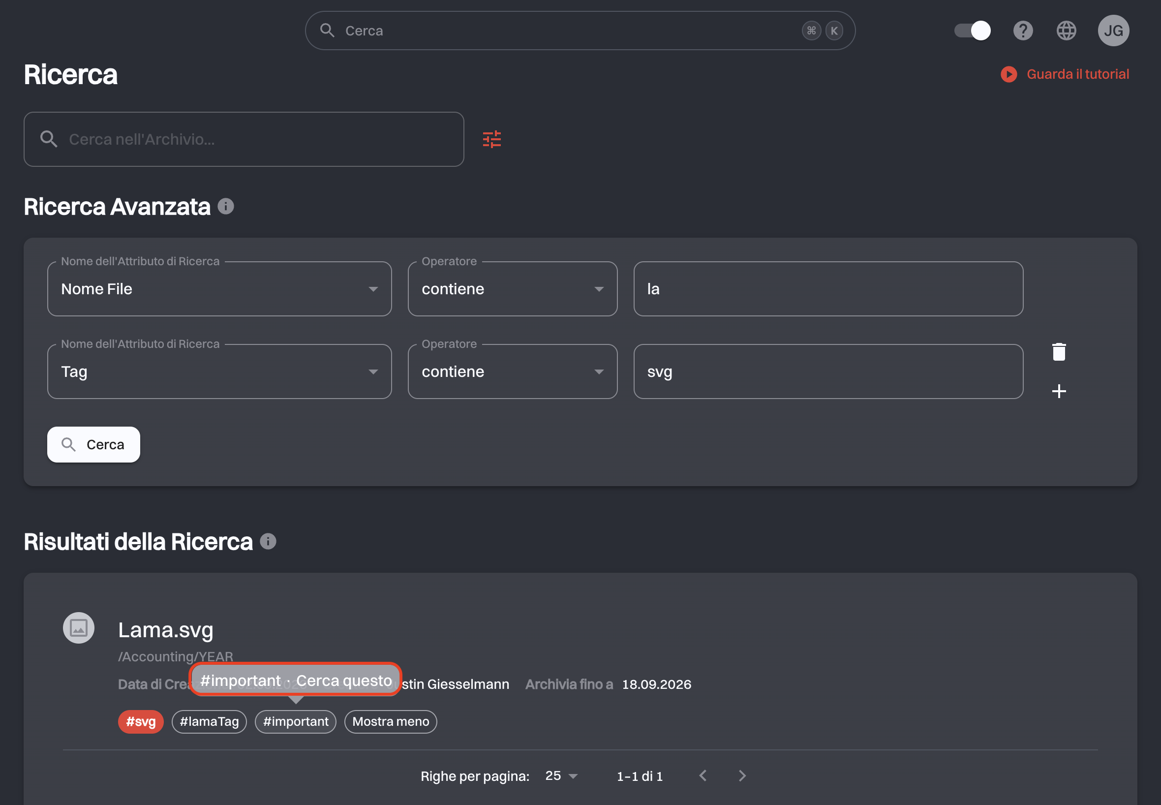 Lo stesso risultato con l’elenco completo dei tag aperto, il tooltip Cerca questo sul tag important e un chip Mostra meno