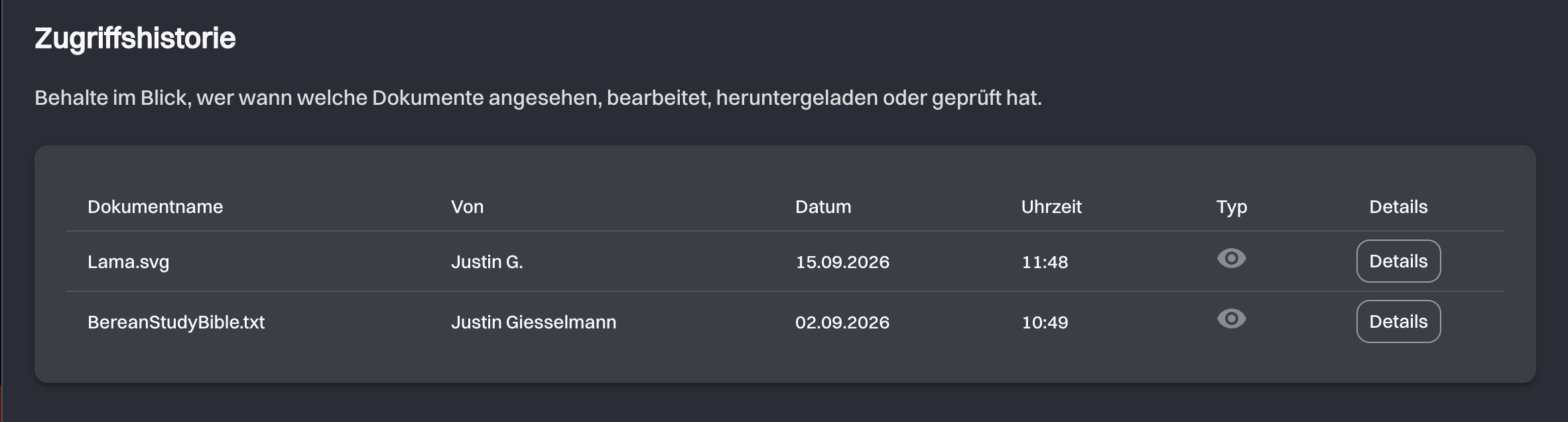 Die Tabelle Zugriffshistorie mit zwei Dokumenten und der Angabe, wer wann darauf zugegriffen hat