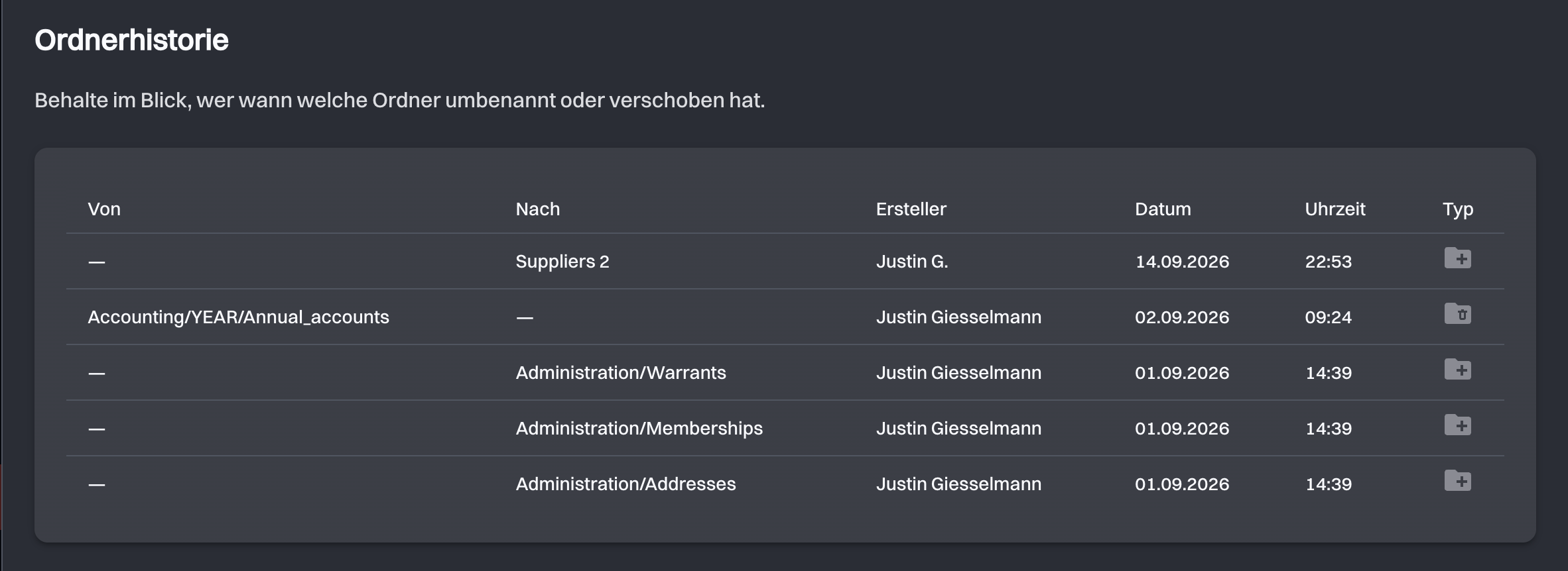 Die Tabelle Ordnerhistorie mit der Maus über dem Typ-Symbol und dem Tooltip Ordner gelöscht