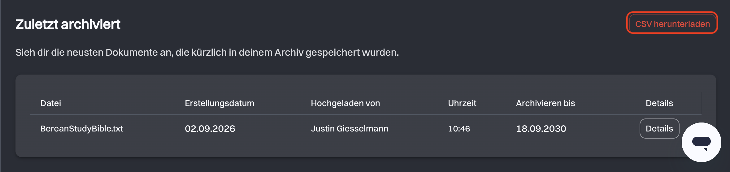 Die Tabelle Zuletzt archiviert mit der hervorgehobenen Aktion CSV herunterladen in der oberen rechten Ecke
