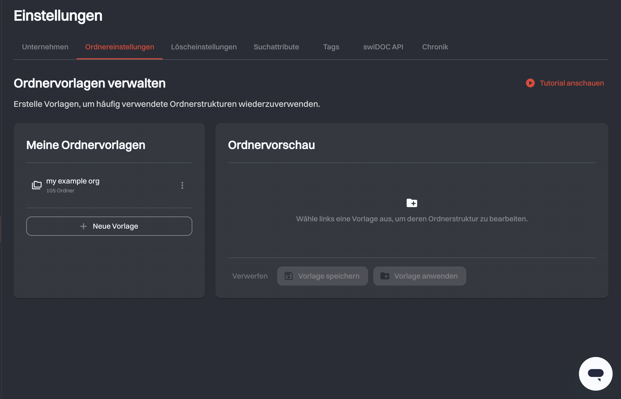 Der Tab Ordnereinstellungen mit Meine Ordnervorlagen links und dem Editor Ordnervorschau rechts