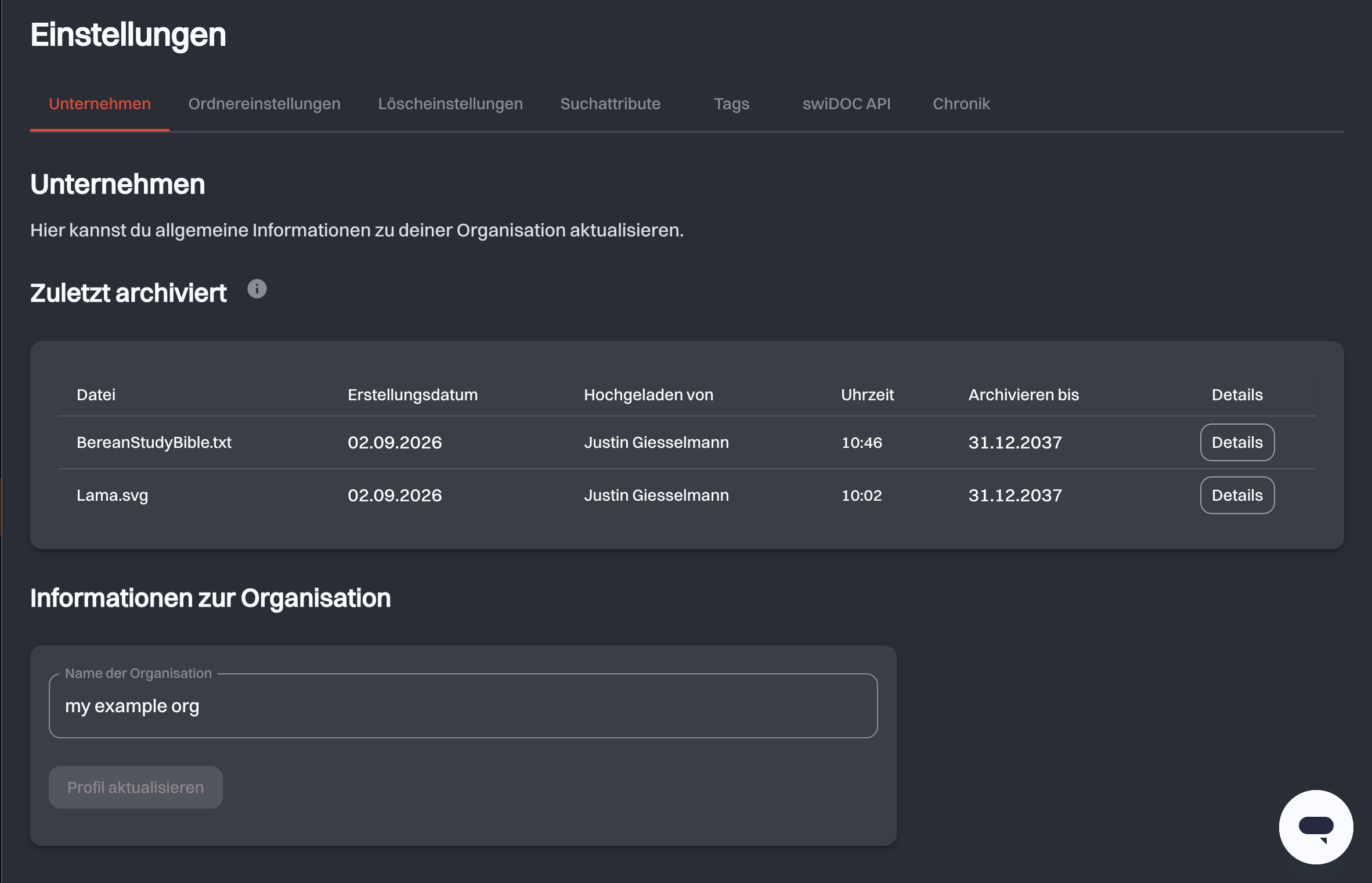 Der Tab Unternehmen mit der Tabelle Zuletzt archiviert und dem Formular Informationen zur Organisation