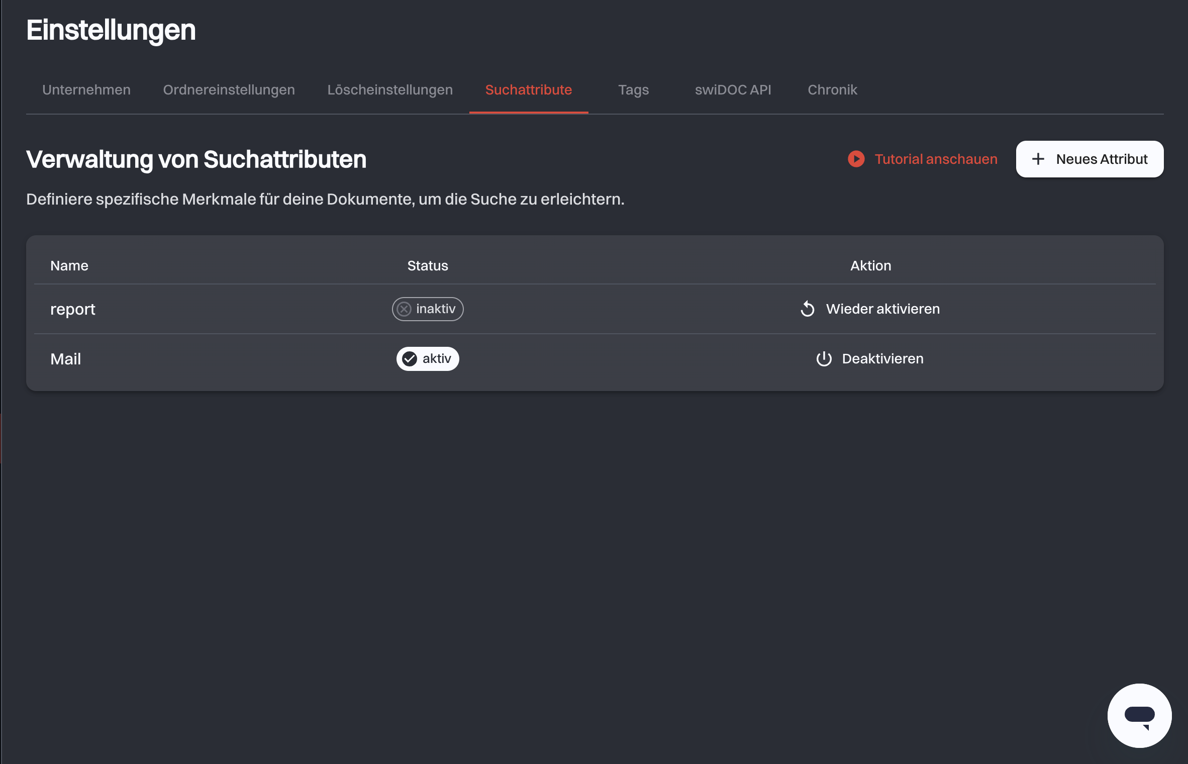 Der Tab Suchattribute mit einem aktiven und einem inaktiven Attribut und den hervorgehobenen Aktionen Wieder aktivieren und Deaktivieren