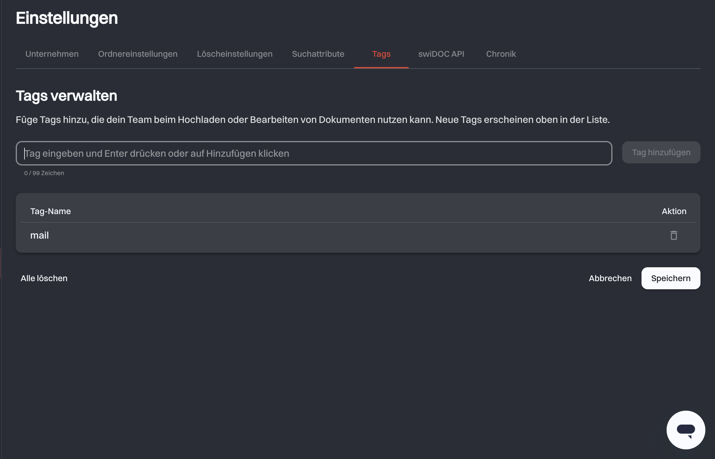 Der Tab Tags mit dem Feld zum Hinzufügen, der Tag-Liste der Organisation und den Aktionen Alle löschen, Abbrechen und Speichern