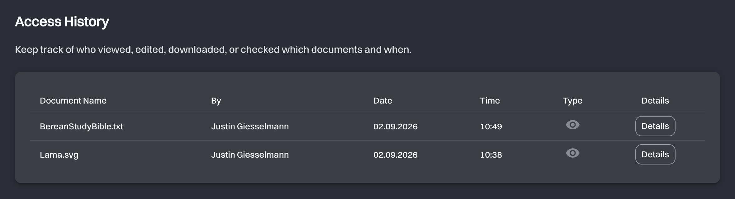 The Access History table listing two documents with who accessed them and when